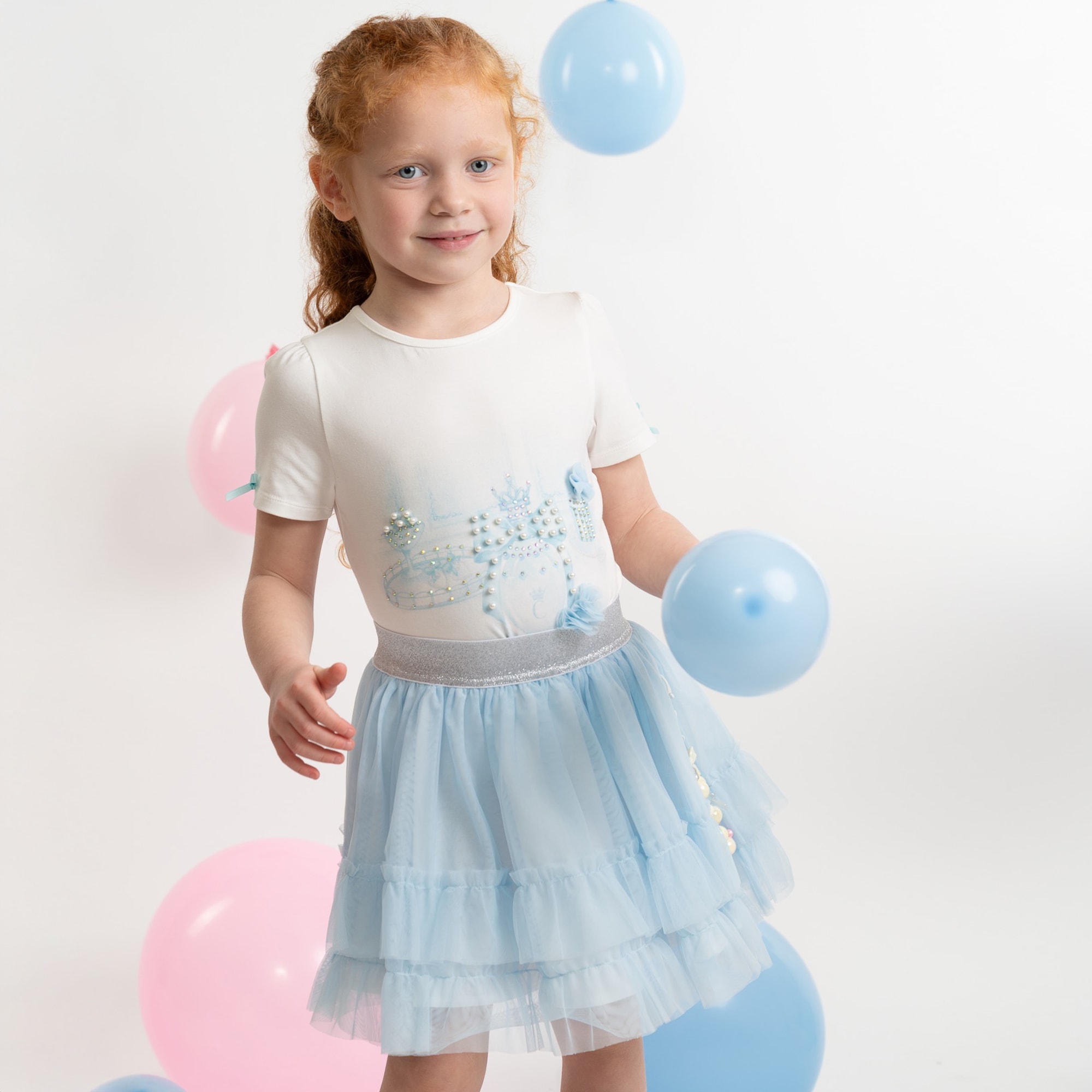 Girls Pink Tulle Skirt Set with Frills, Pearls & Diamantés - View 2