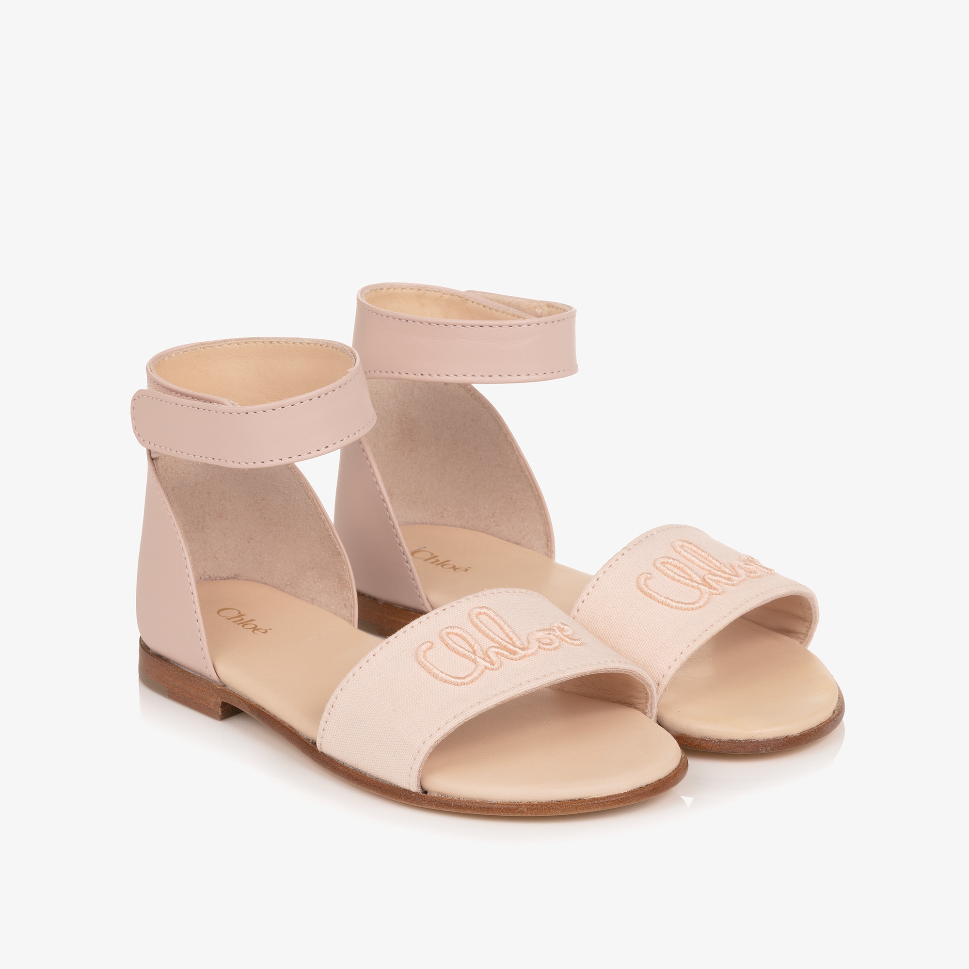Girls Pale Pink Velcro Sandals with Script Logo - View 1
