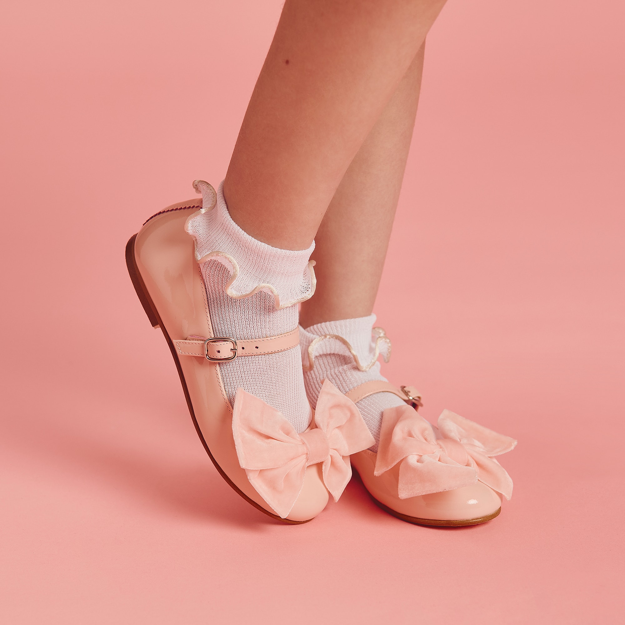 Girls Pink Patent Leather & Velvet Bow Shoes - View 2