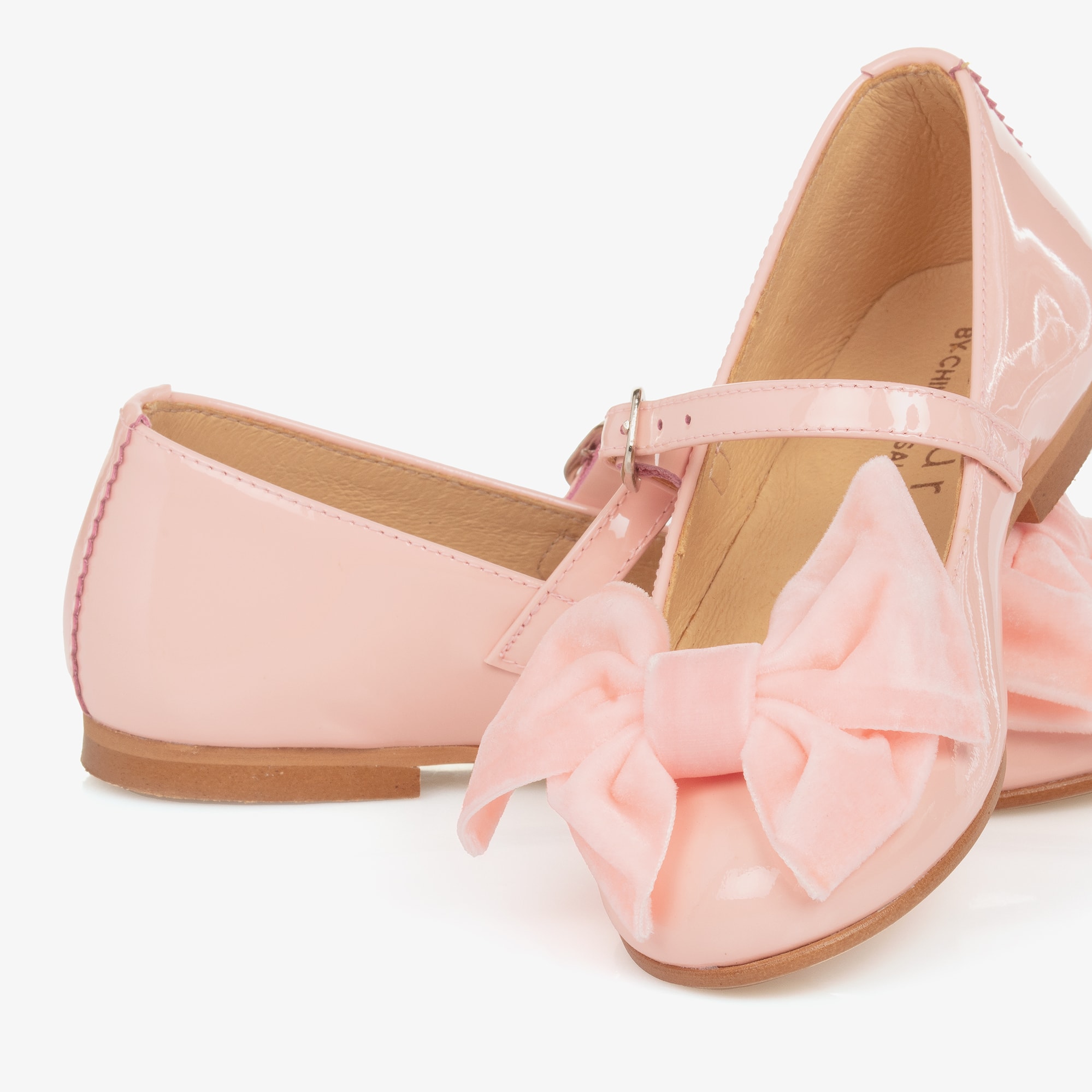 Girls Pink Patent Leather & Velvet Bow Shoes - View 6
