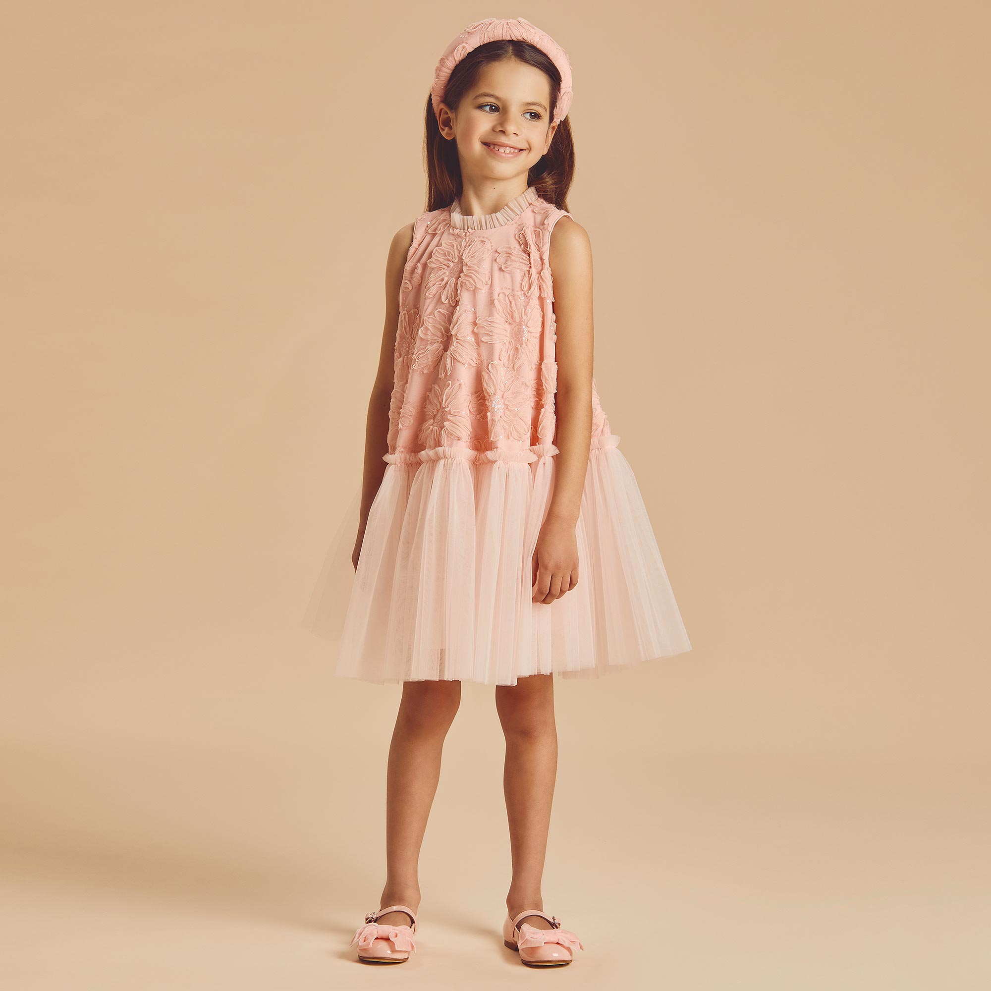 Girls Pink Tulle Dress with Sequinned Flowers - View 2