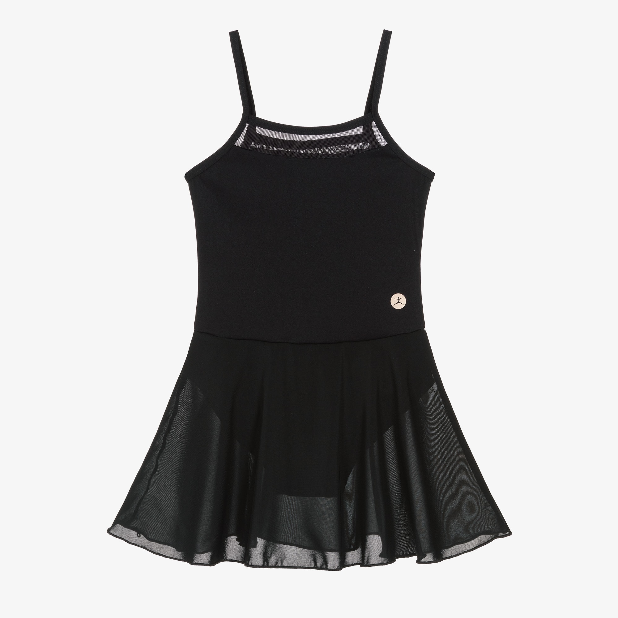 Girls Black Leotard Dress with Mesh Trim - View 1