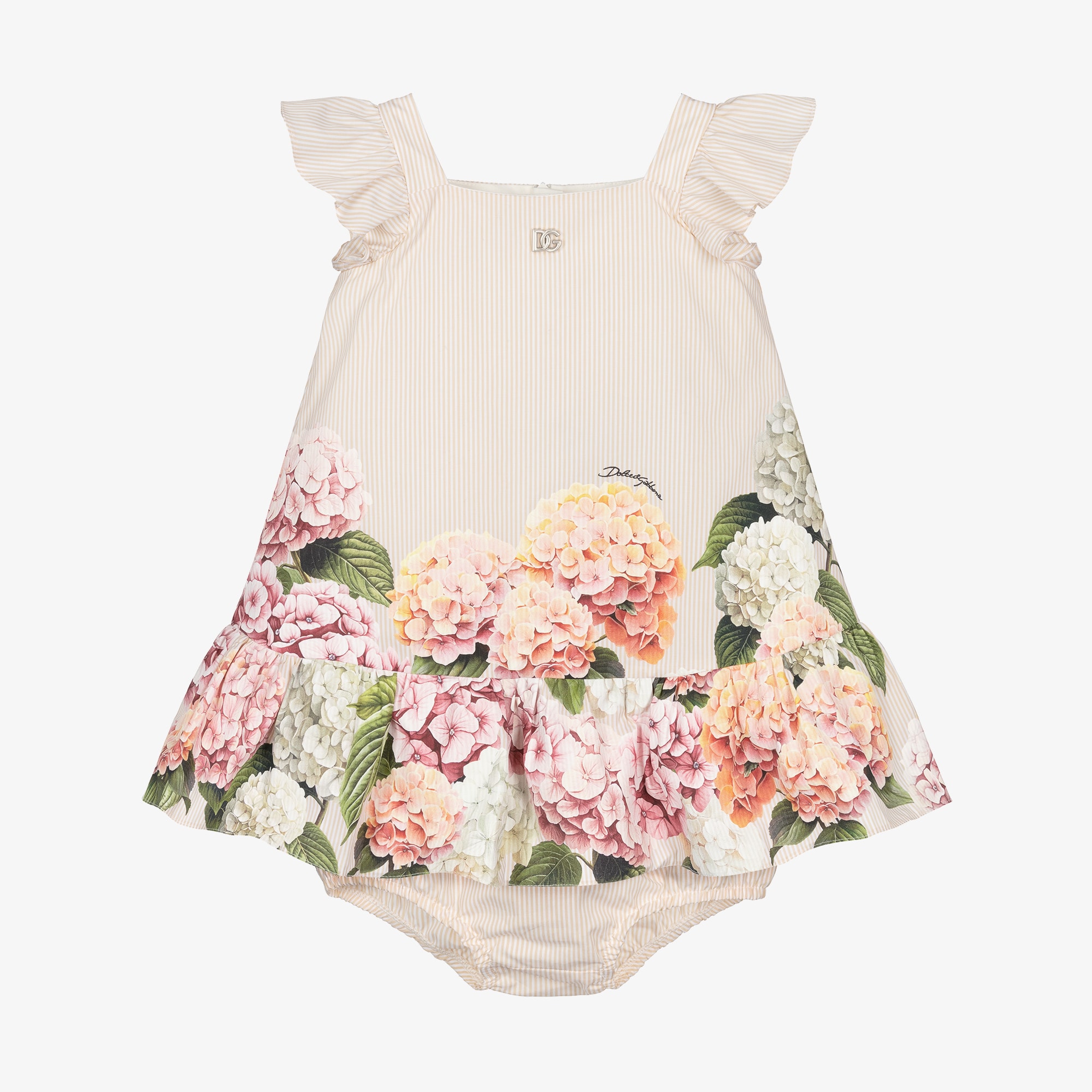 Baby Girls Beige Stripes & Hydrangea Print Poplin Dress - View 1