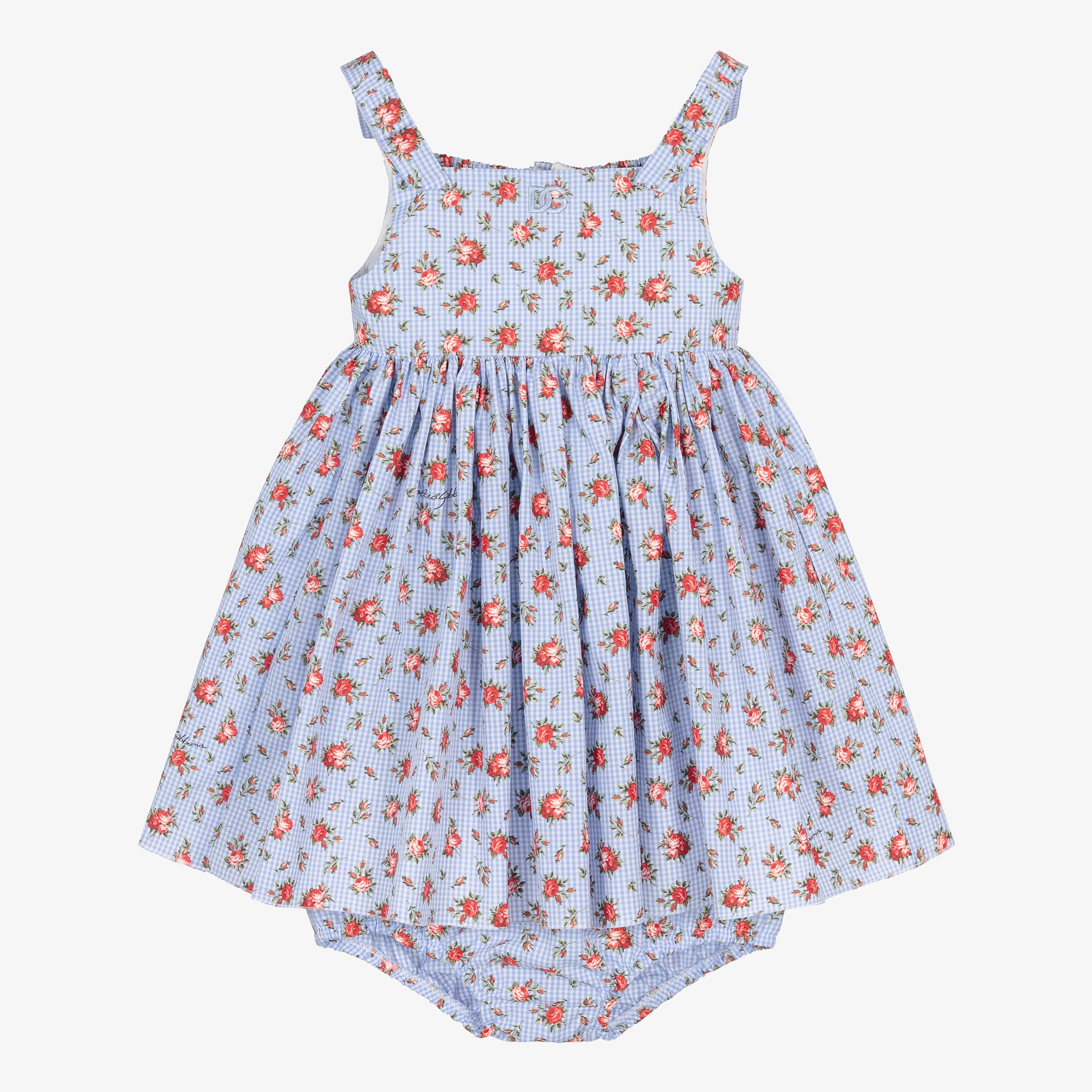 Baby Girls Blue Gingham & Red Rose Print Poplin Dress - View 1