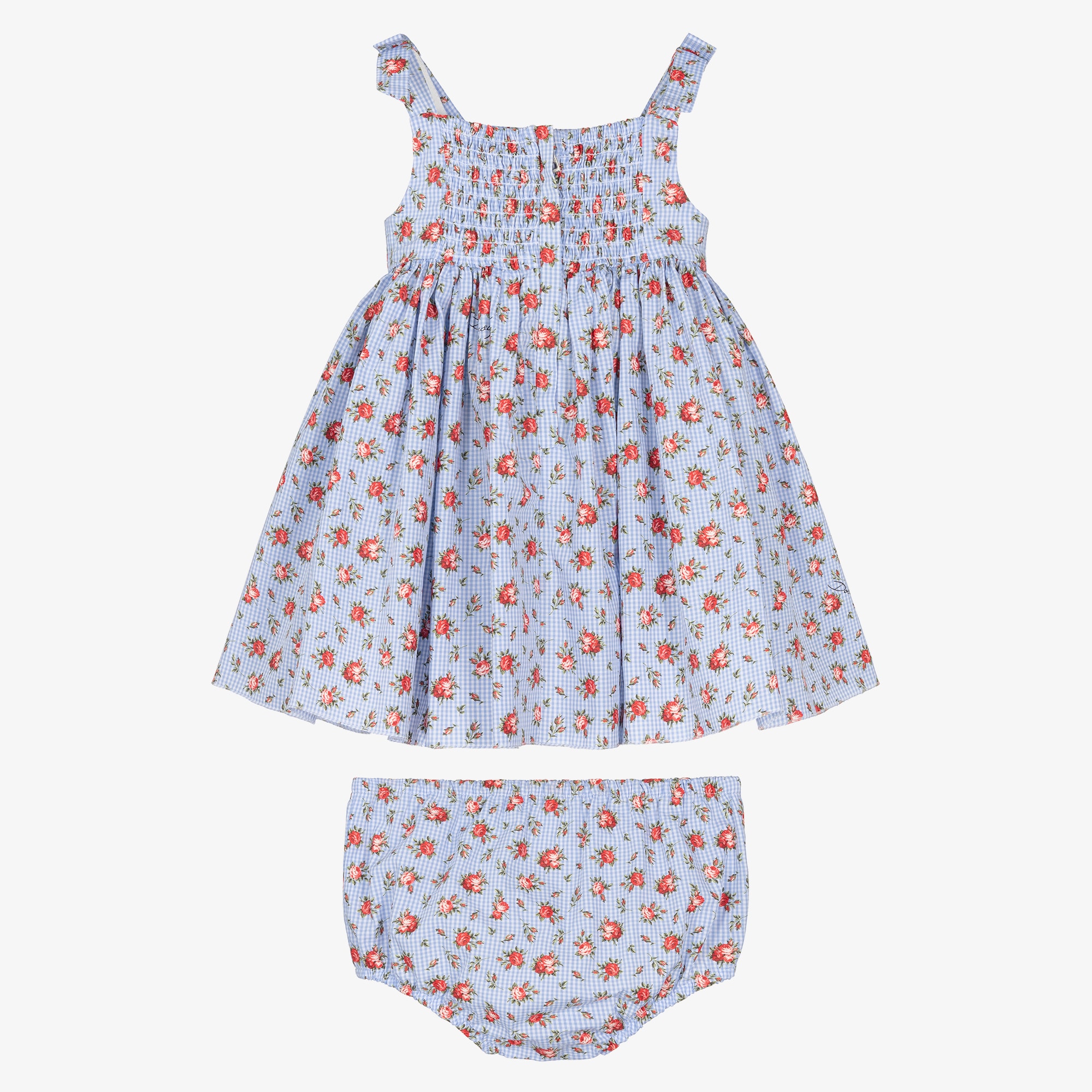 Baby Girls Blue Gingham & Red Rose Print Poplin Dress - View 3