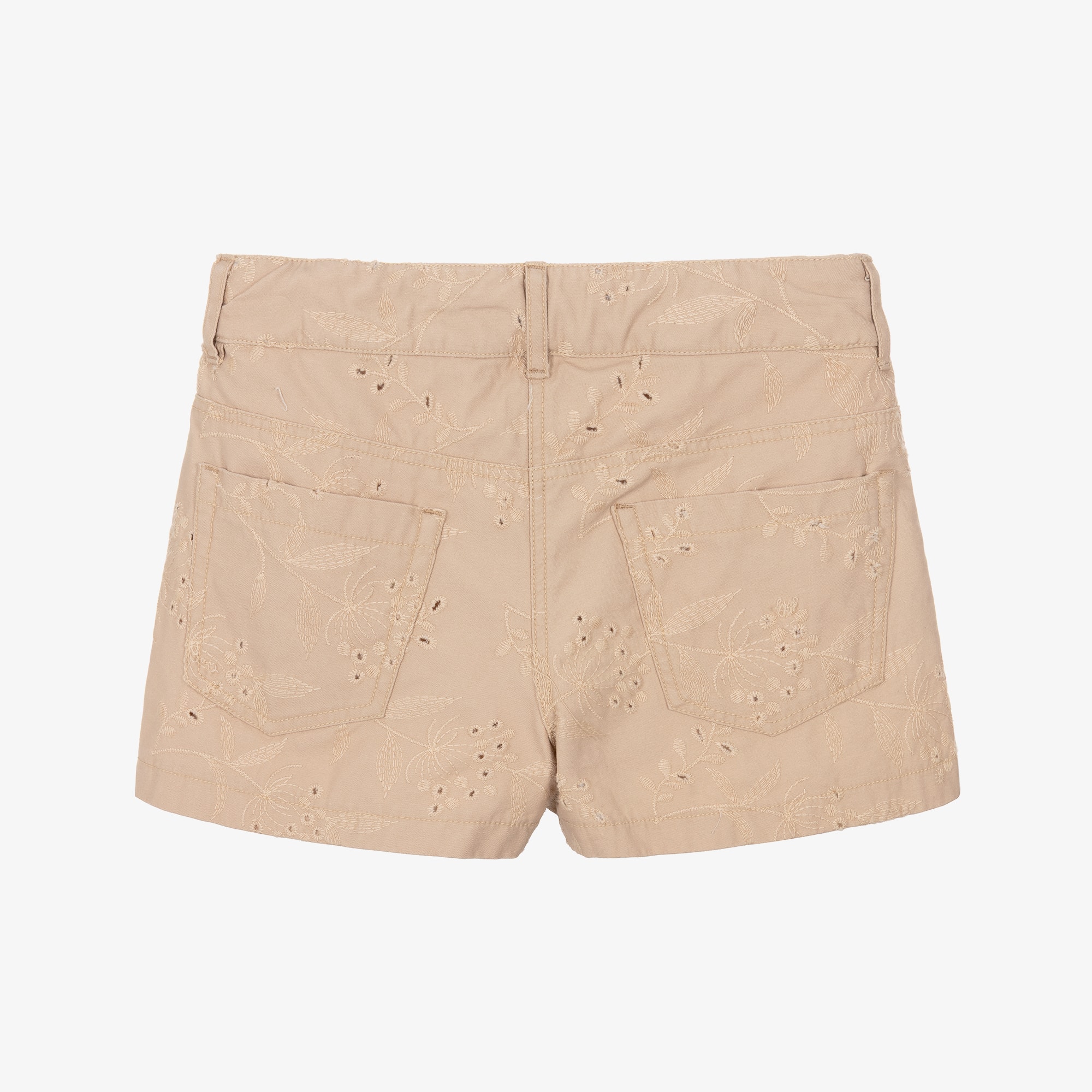 Girls Beige Cotton Shorts with Floral Embroidery - View 3