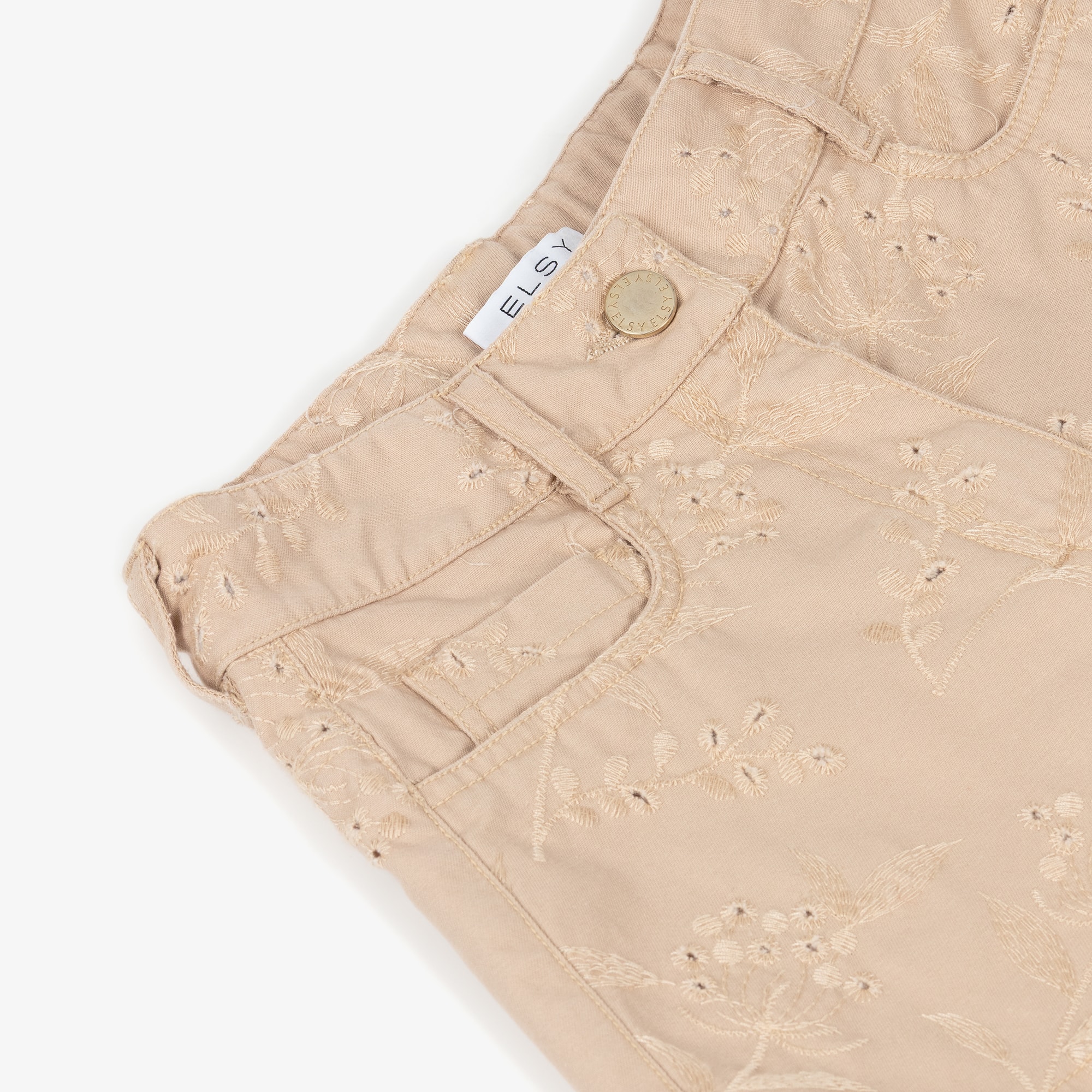 Girls Beige Cotton Shorts with Floral Embroidery - View 5