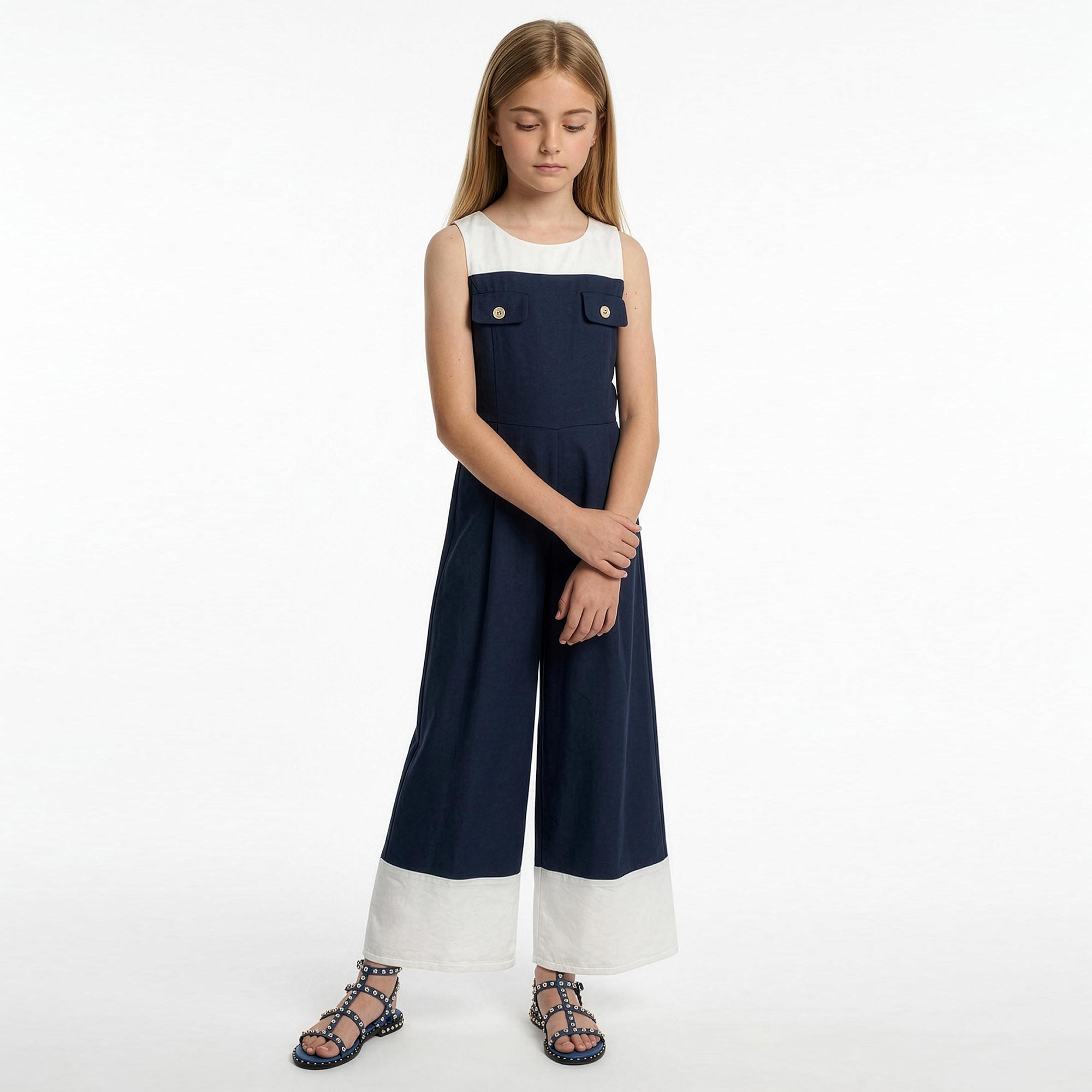 Girls Navy Blue & White Sleeveless Jumpsuit - View 2