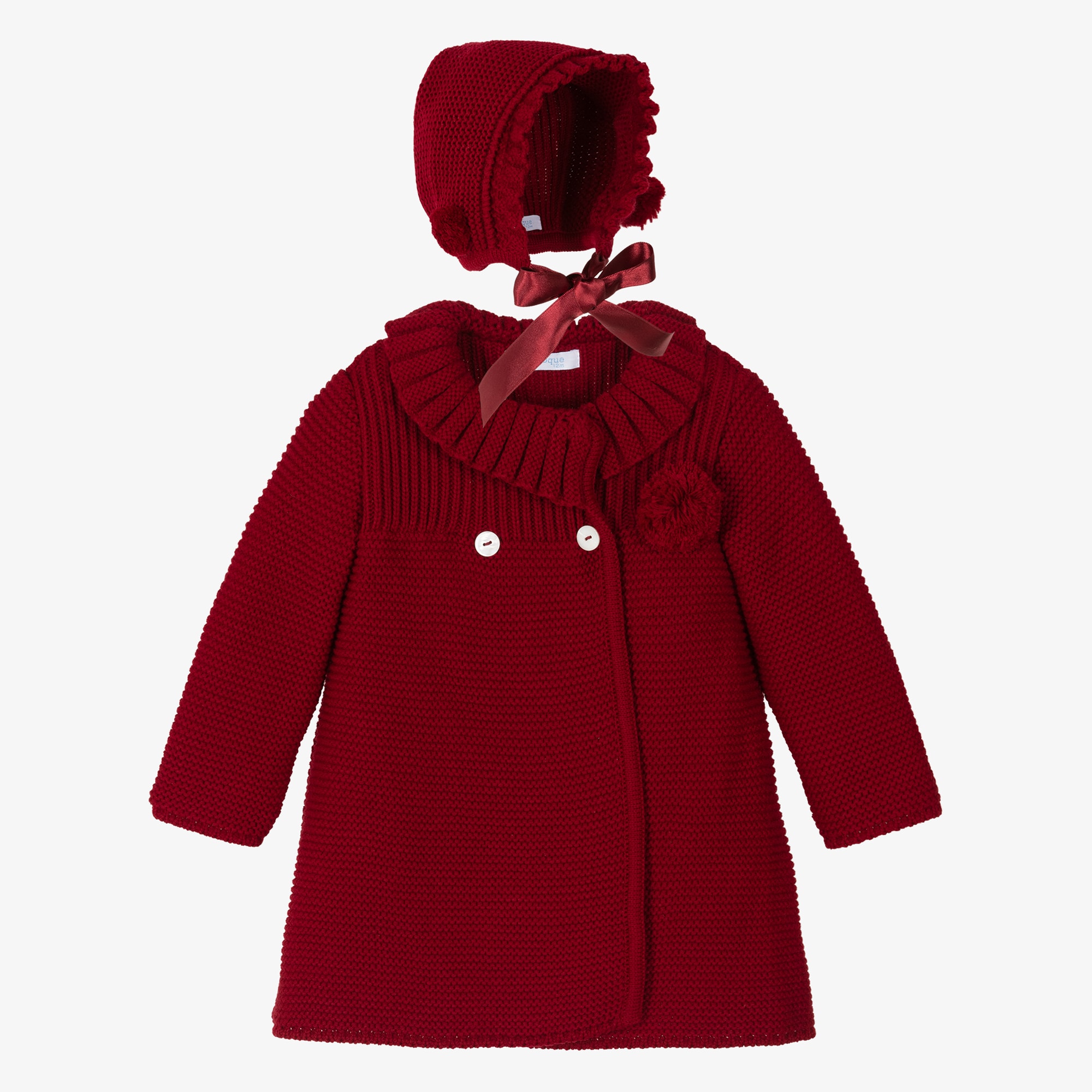Girls Red Knitted Pram Coat & Bonnet Set - View 1