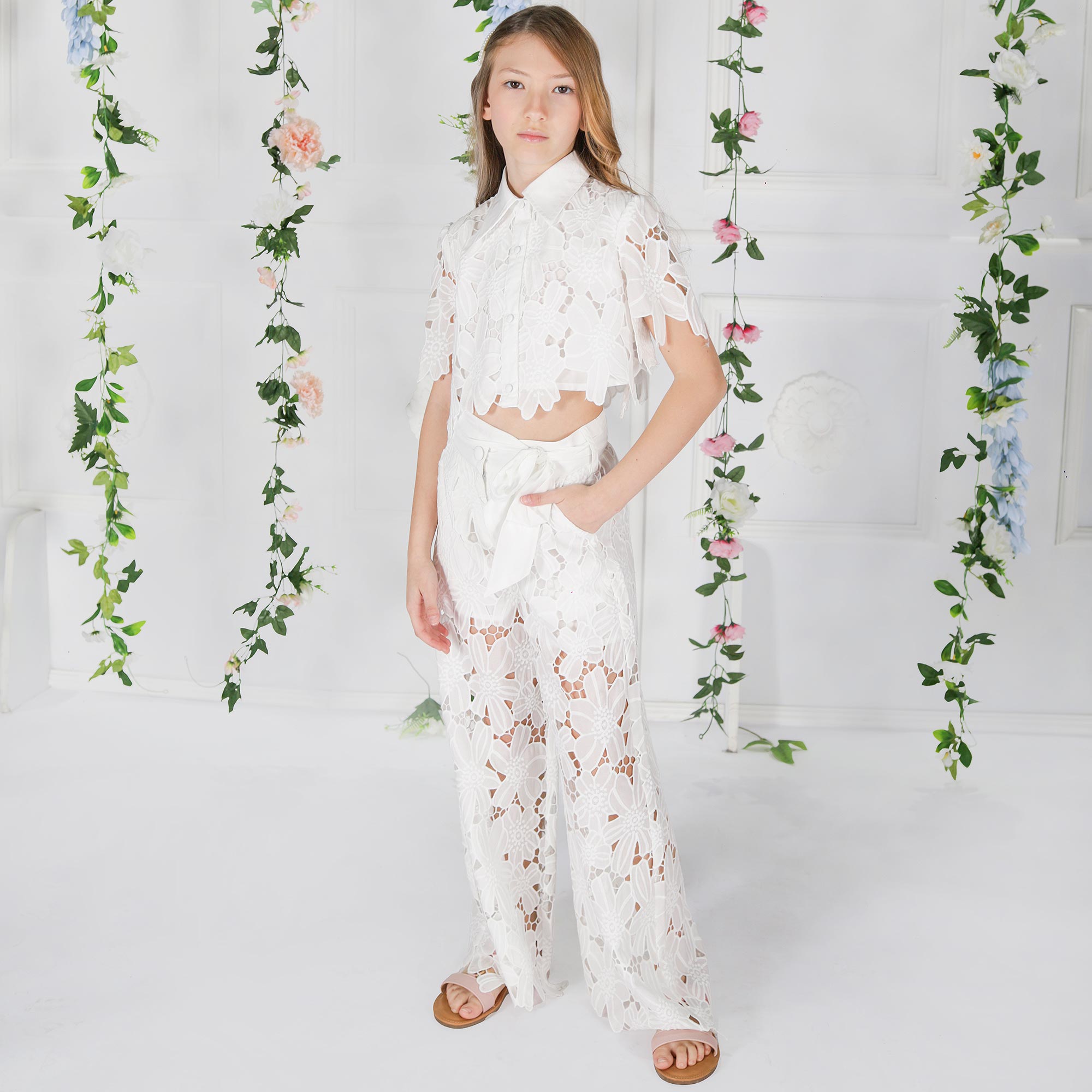 Girls White Embroidered Flower Lace Cropped Blouse - View 2