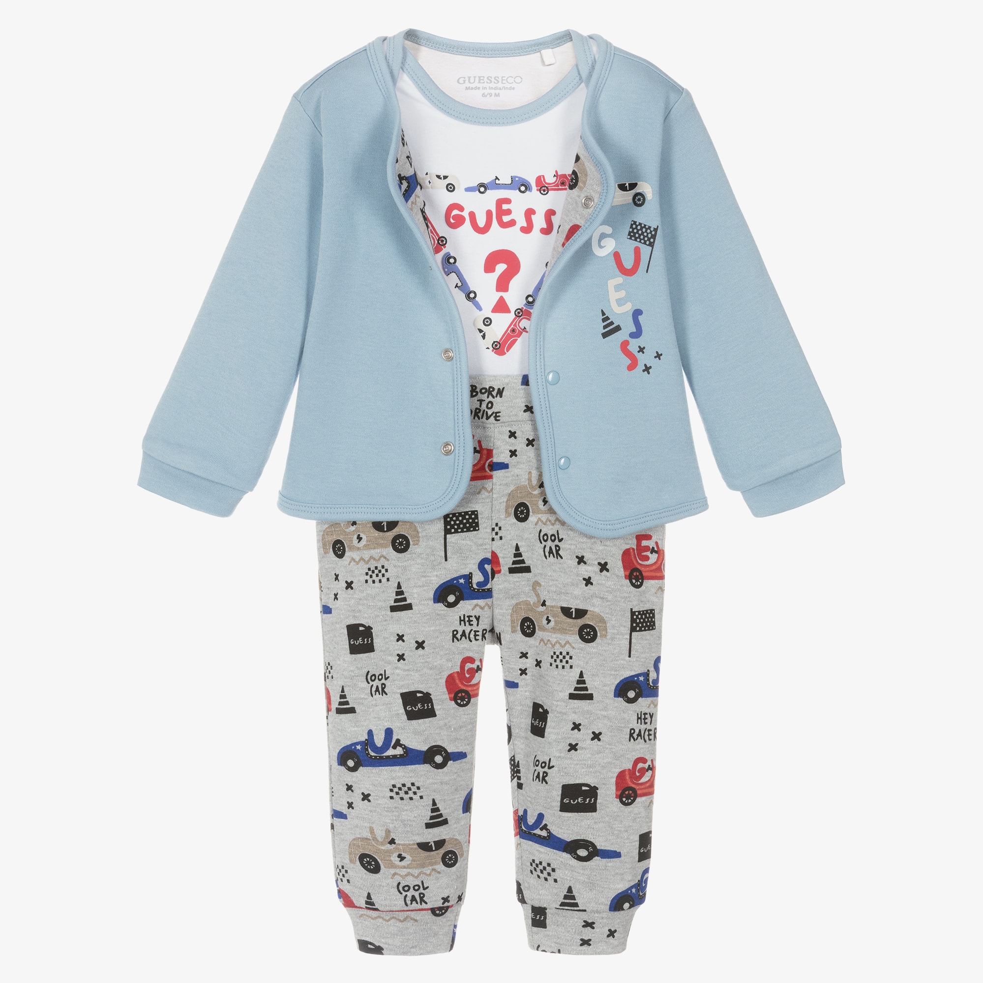 Baby Boys Blue Cotton Racing Car Reversible Tracksuit Set - View 1