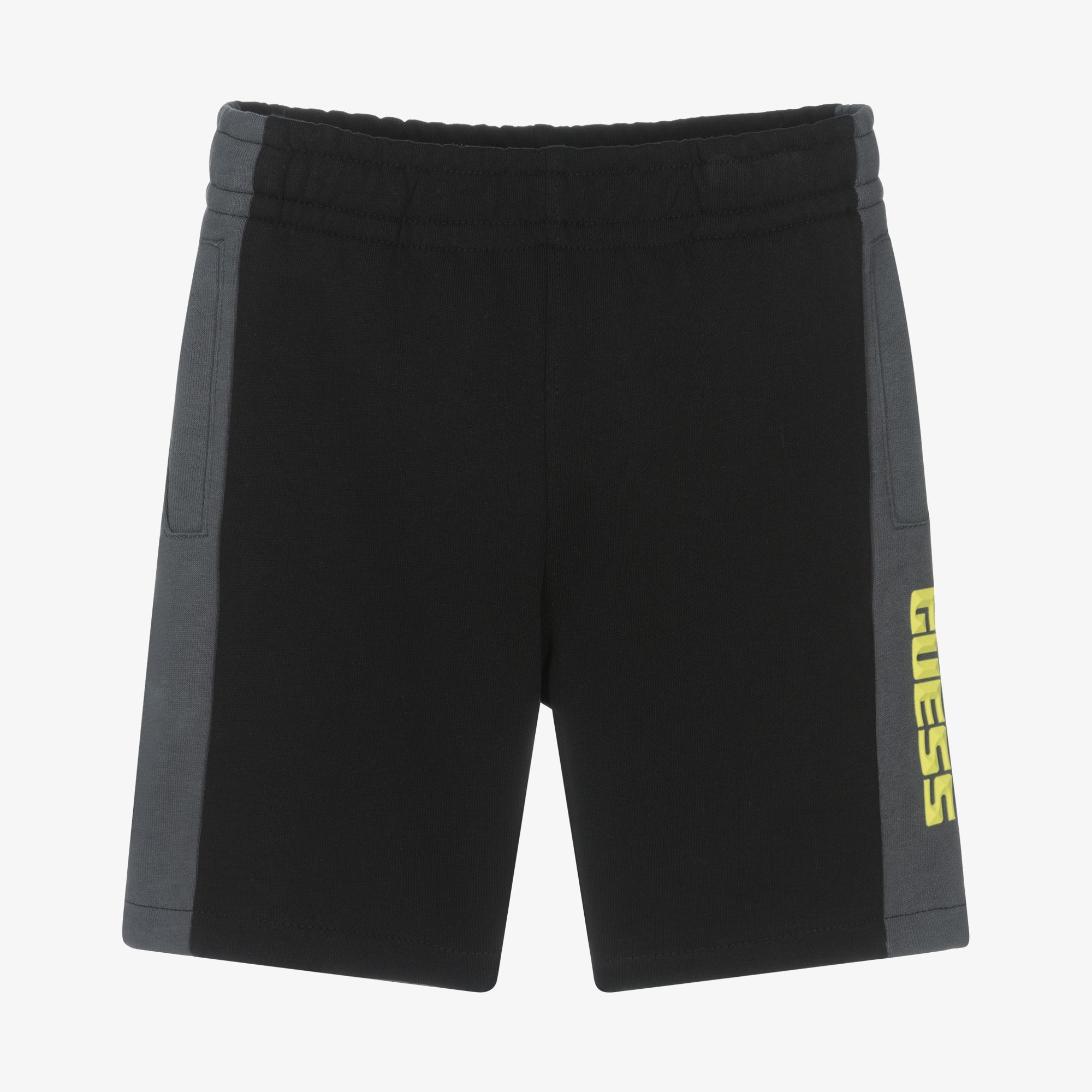 Boys Black Cotton Jersey Shorts with Yellow Logo Print - View 1