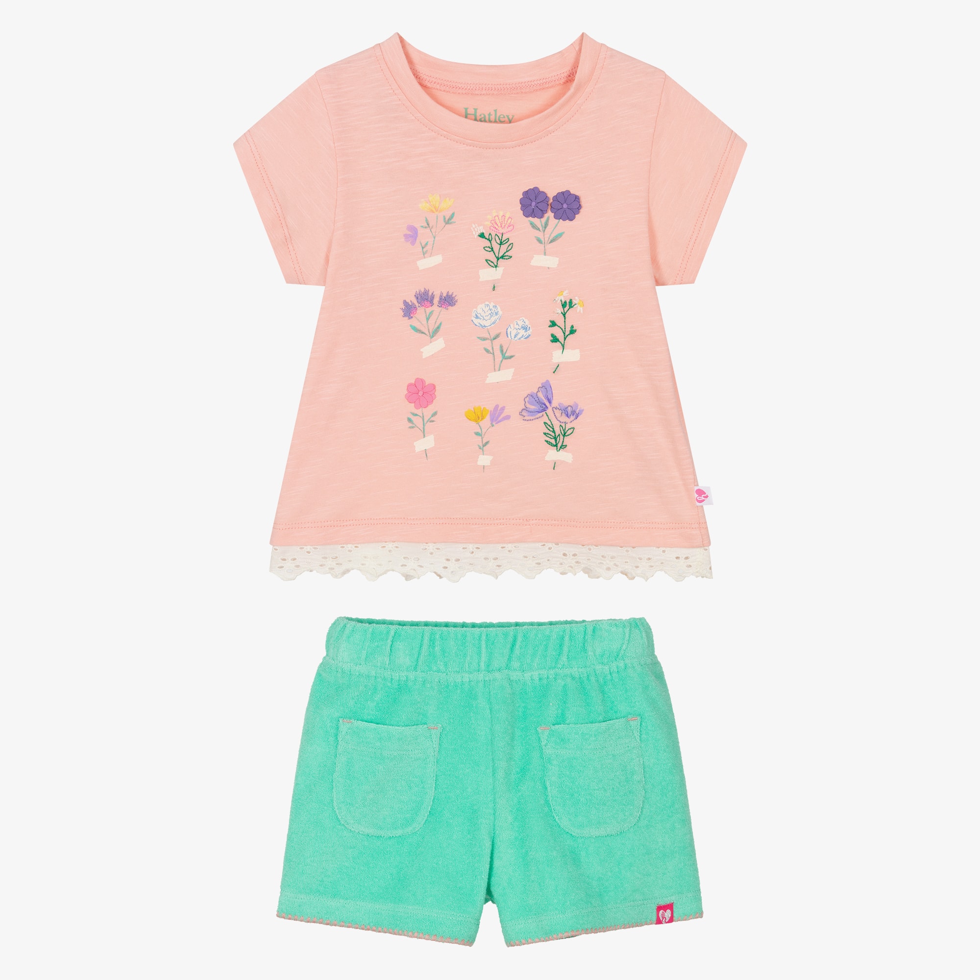 Girls Pink Jersey Top & Green Towelling Shorts Set - View 2