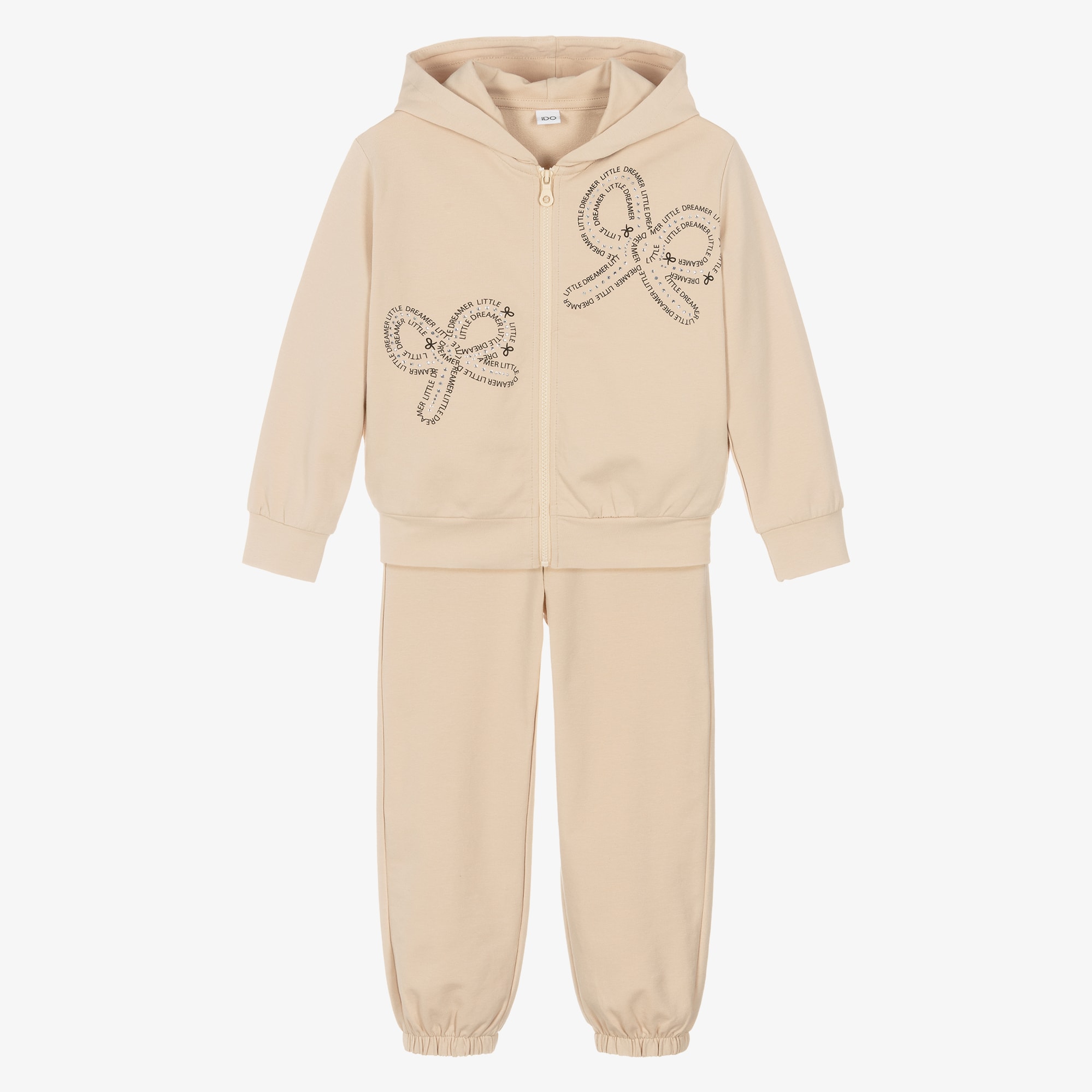 Girls Beige Cotton Bow Design Tracksuit - View 1