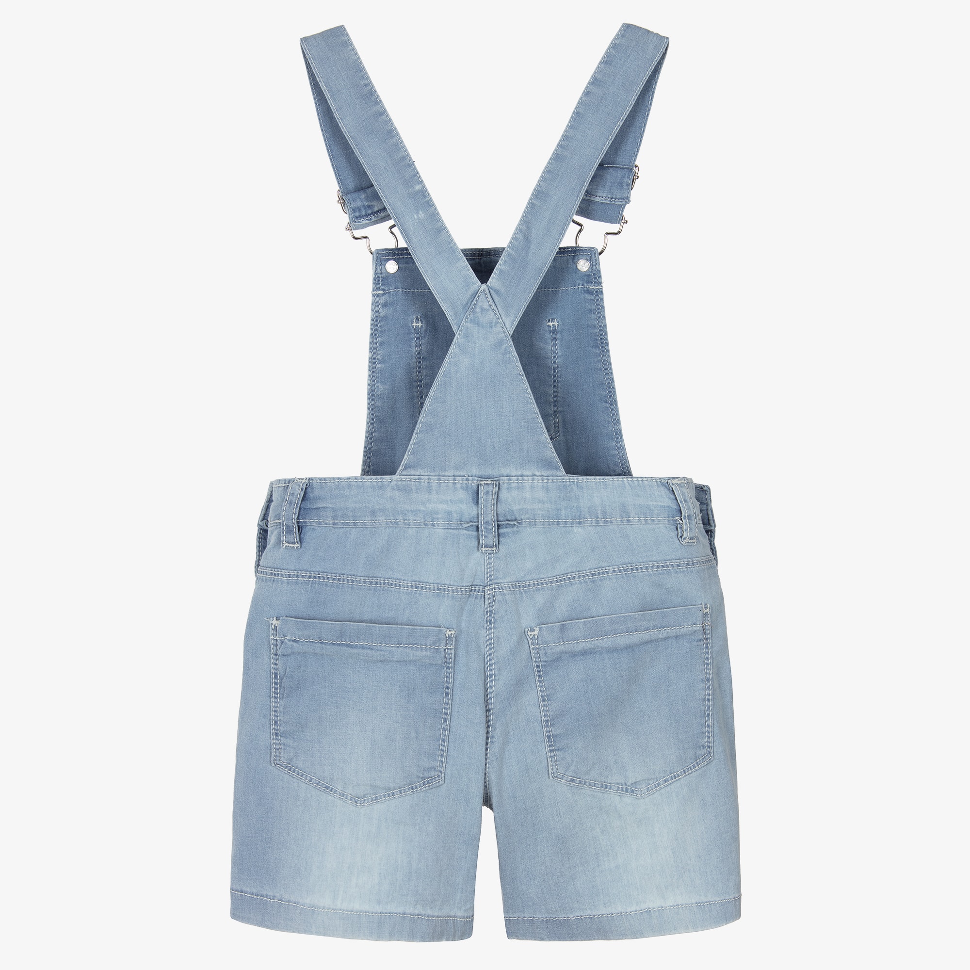 Girls Blue Cotton Chambray Dungaree Shorts with Diamantés - View 2