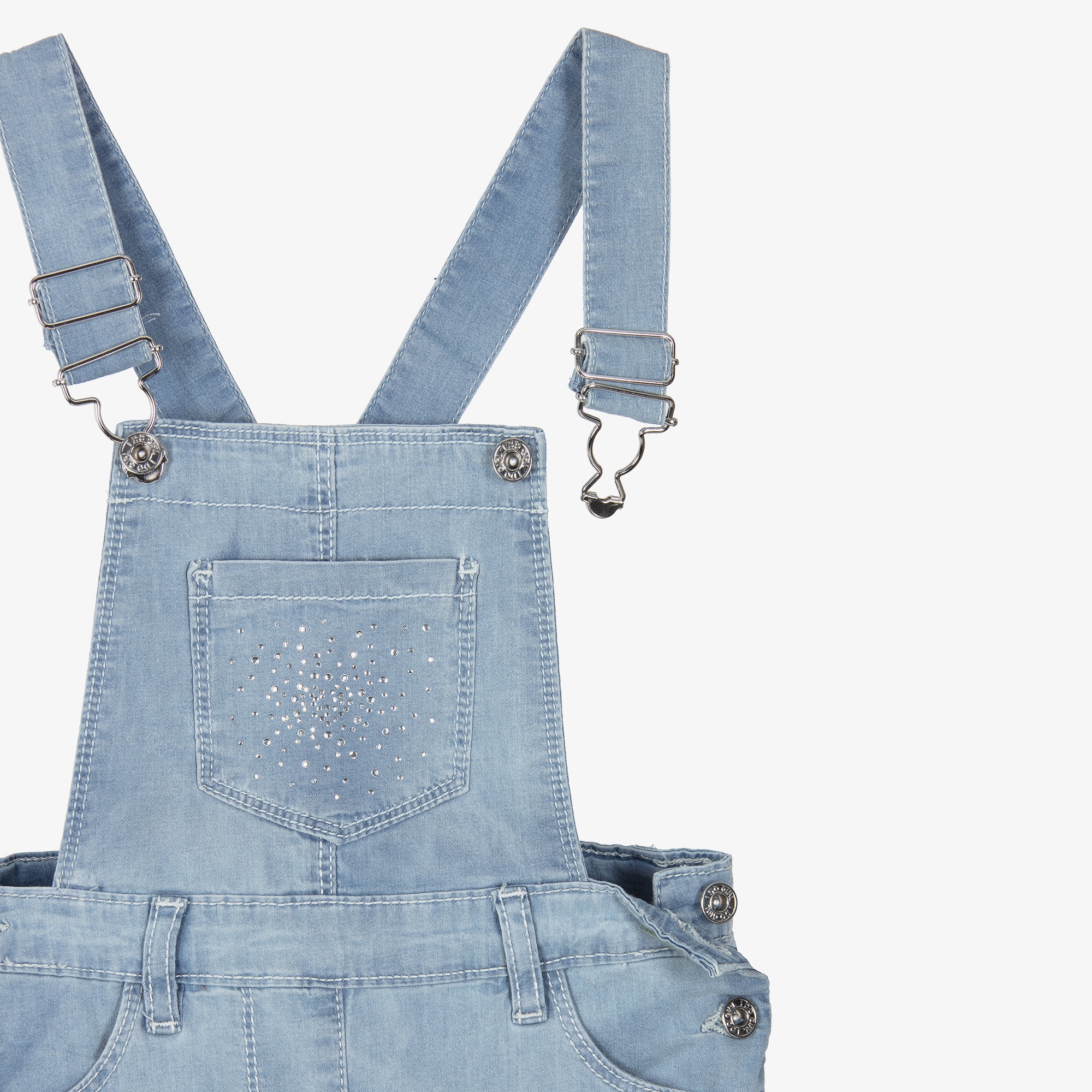 Girls Blue Cotton Chambray Dungaree Shorts with Diamantés - View 3