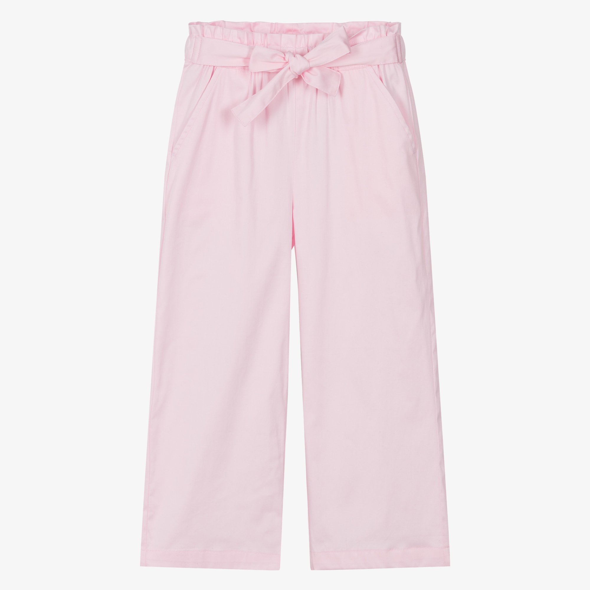 Girls Pale Pink Cotton Trousers with Bow Belt - View 1