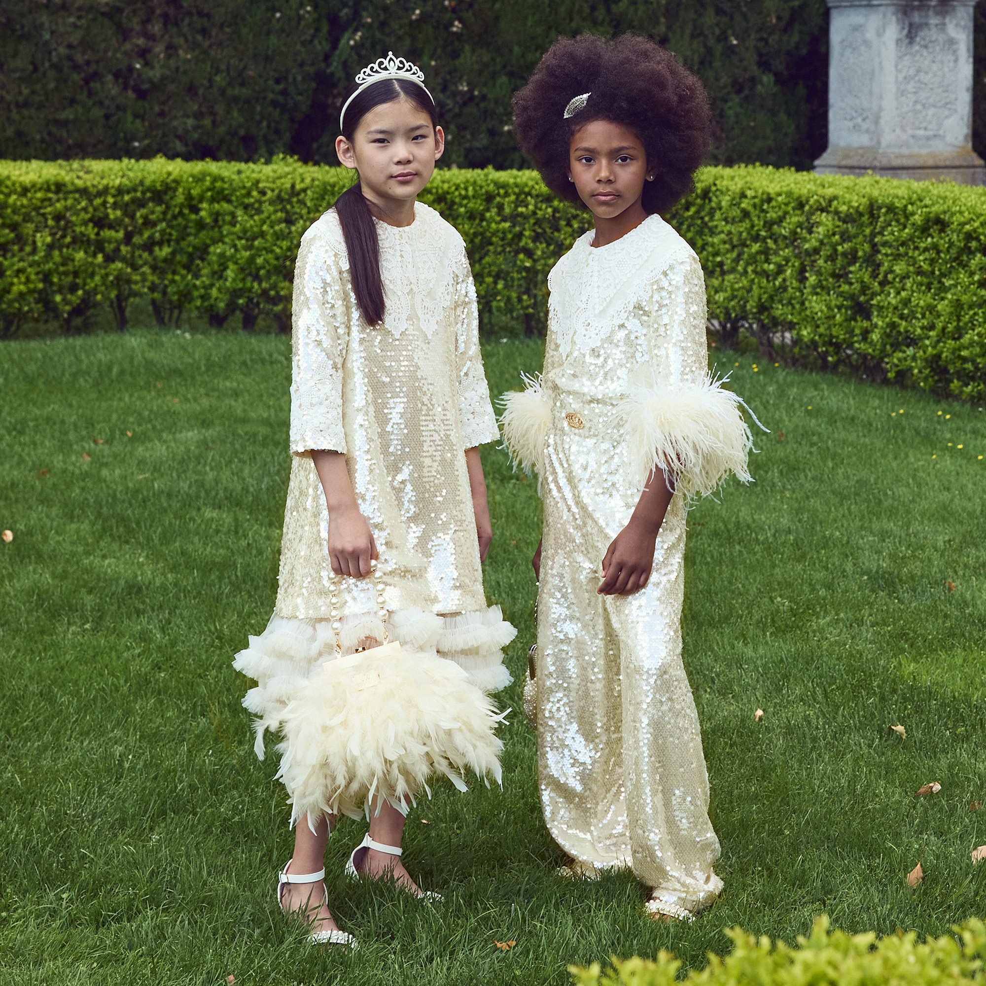 Girls Ivory Sequin Jumpsuit with Feathers & Cutwork Embroidery - View 2