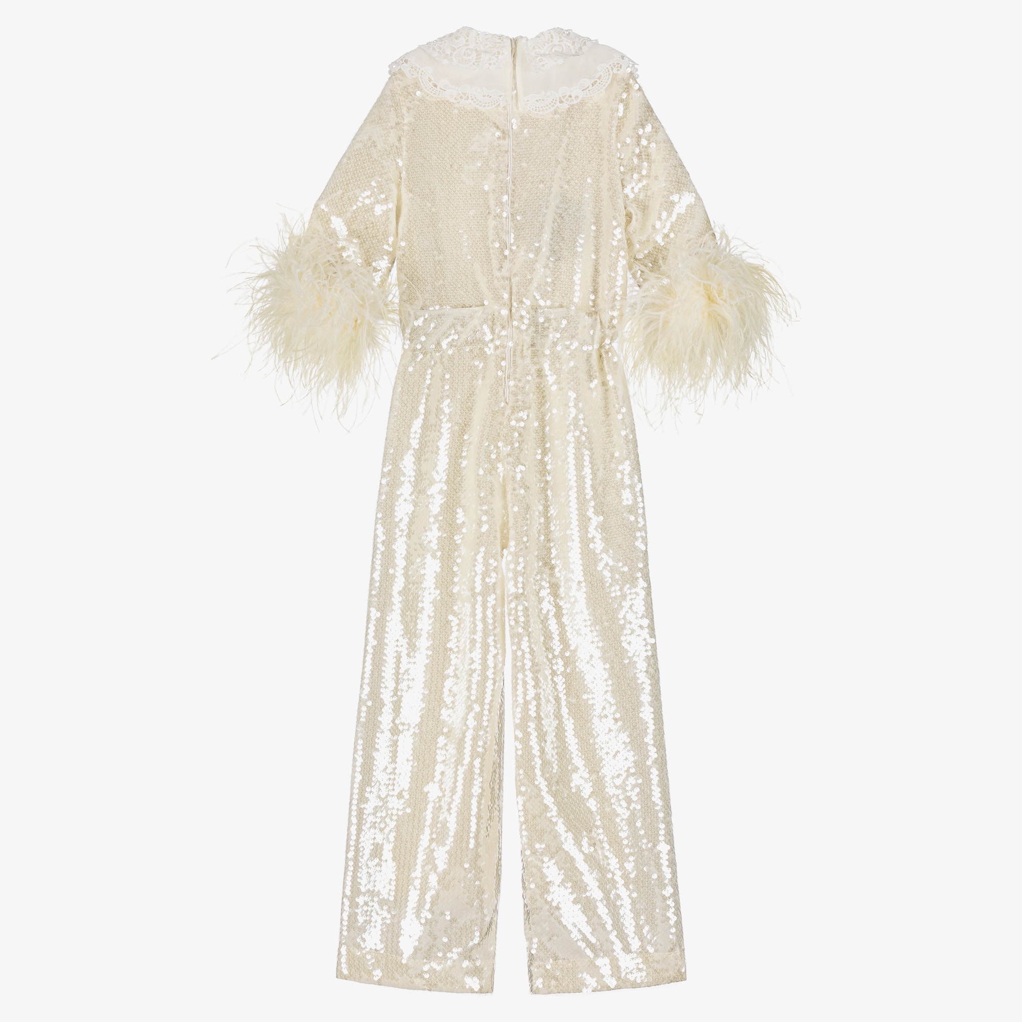 Girls Ivory Sequin Jumpsuit with Feathers & Cutwork Embroidery - View 3