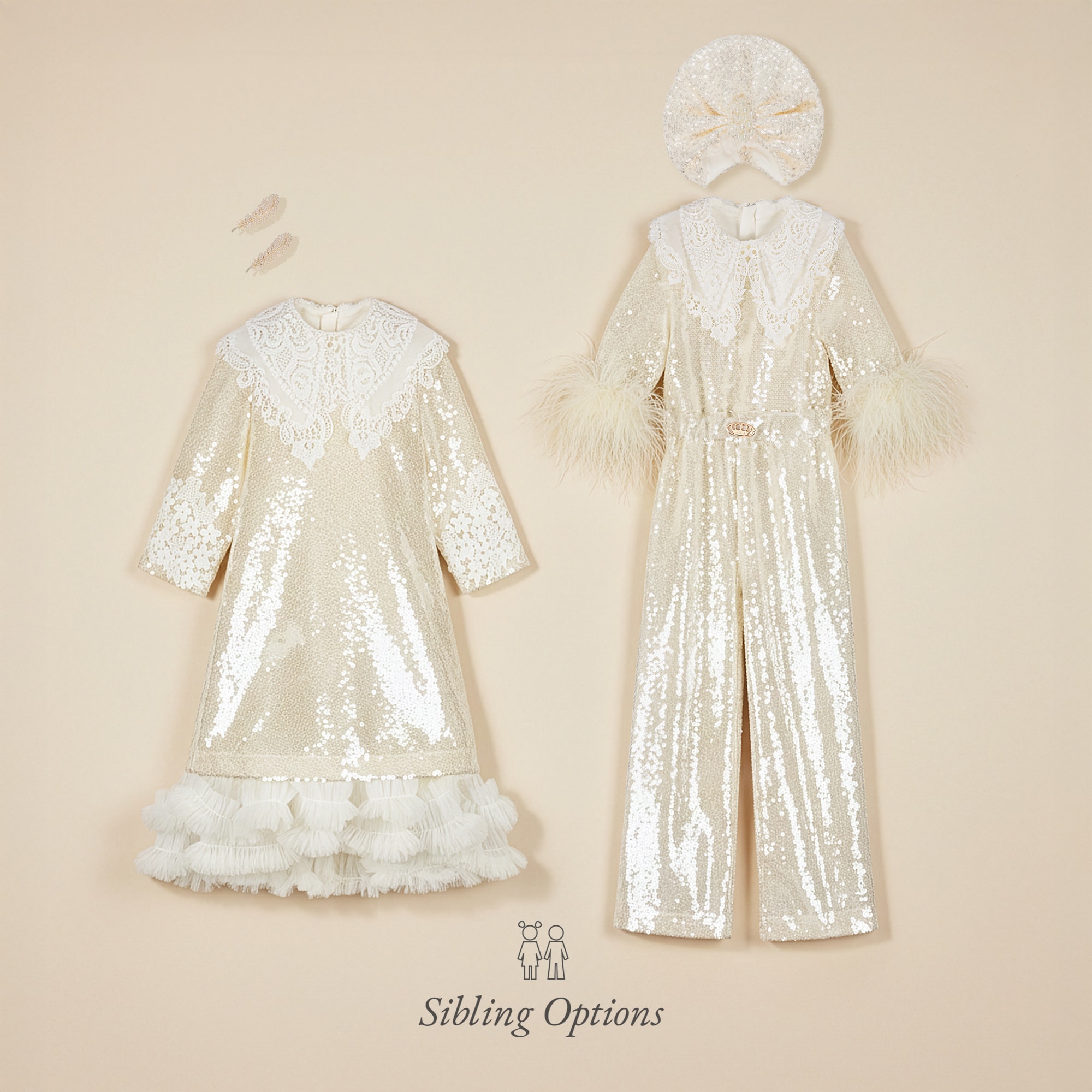 Girls Ivory Sequin Jumpsuit with Feathers & Cutwork Embroidery - View 7
