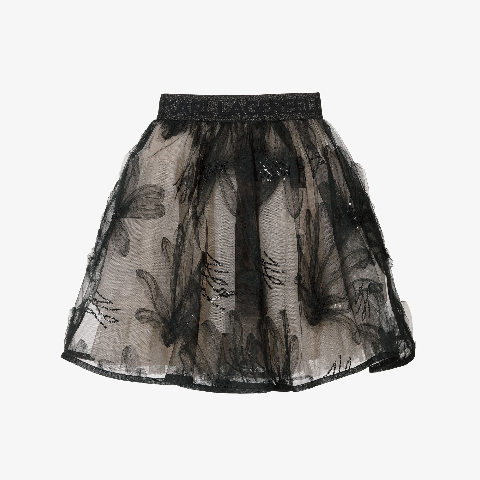 Girls Black & Beige Floral Tulle Skirt - View 3