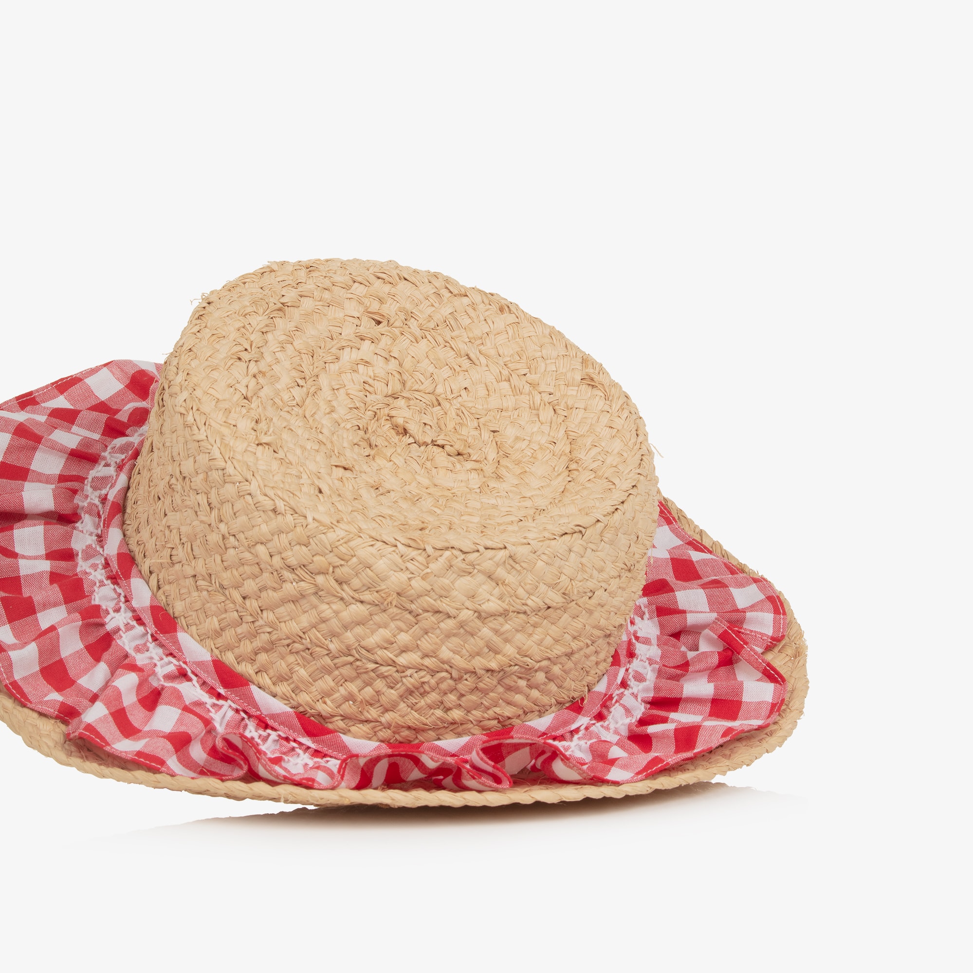 Girls Raffia Sun Hat with Red Gingham Check Ruffle - View 3