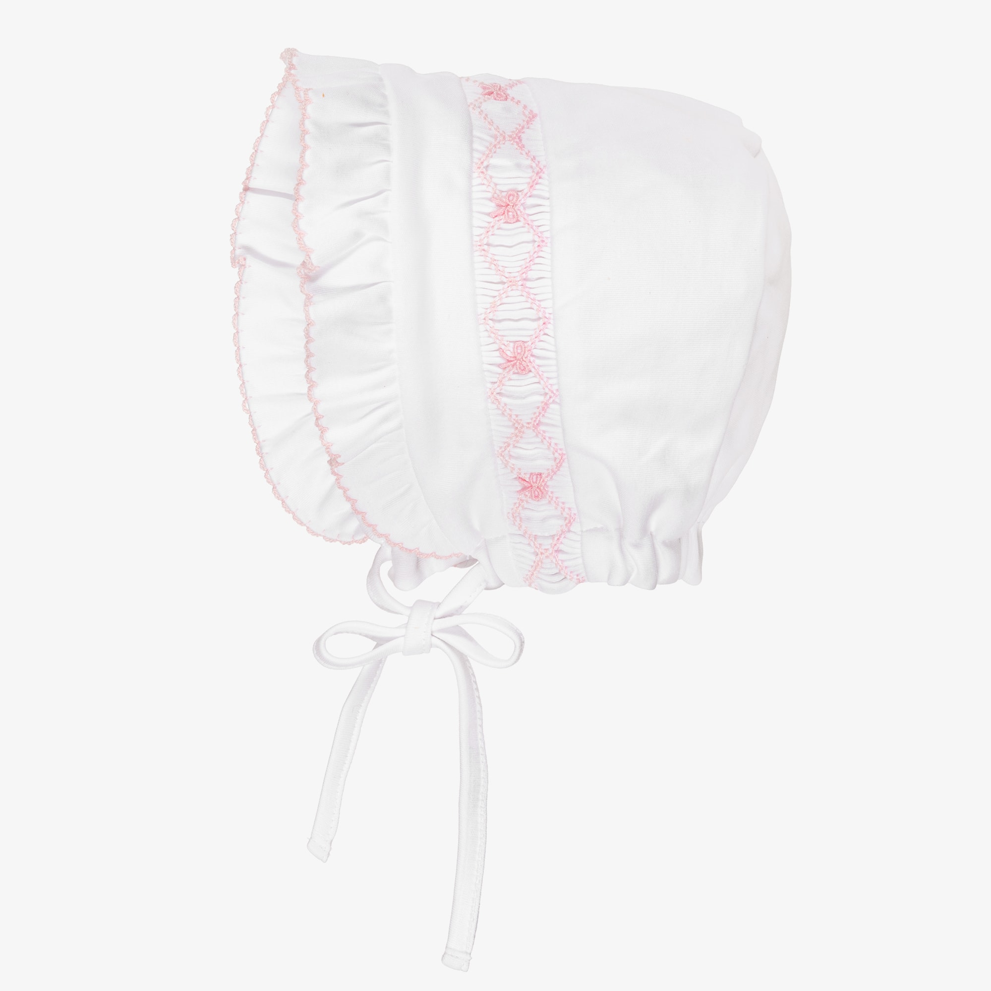 Girls White Smocked Pima Cotton Bonnet with Pink Embroidery - View 3