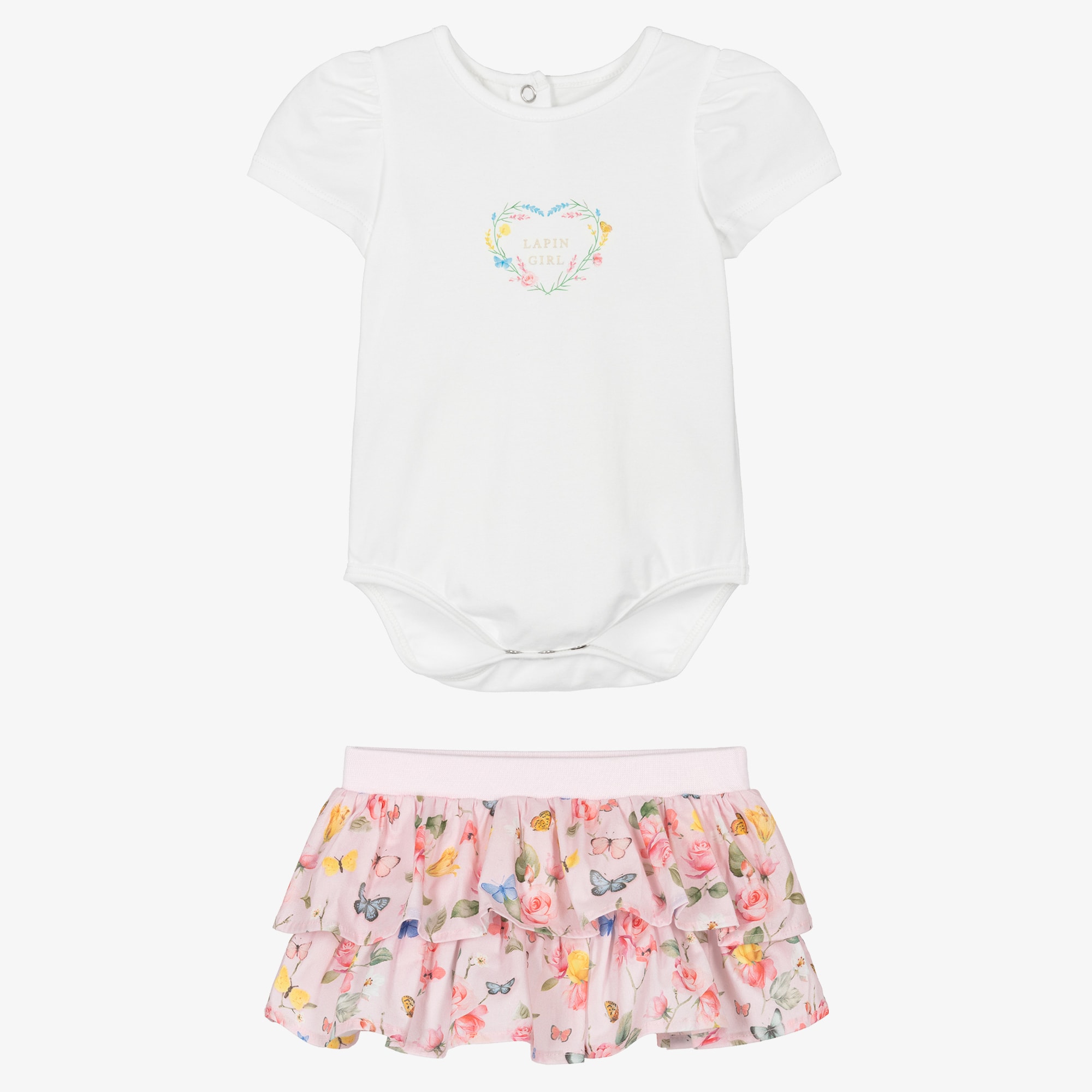 Baby Girls Pink Floral Bodysuit & Skirt Set - View 2