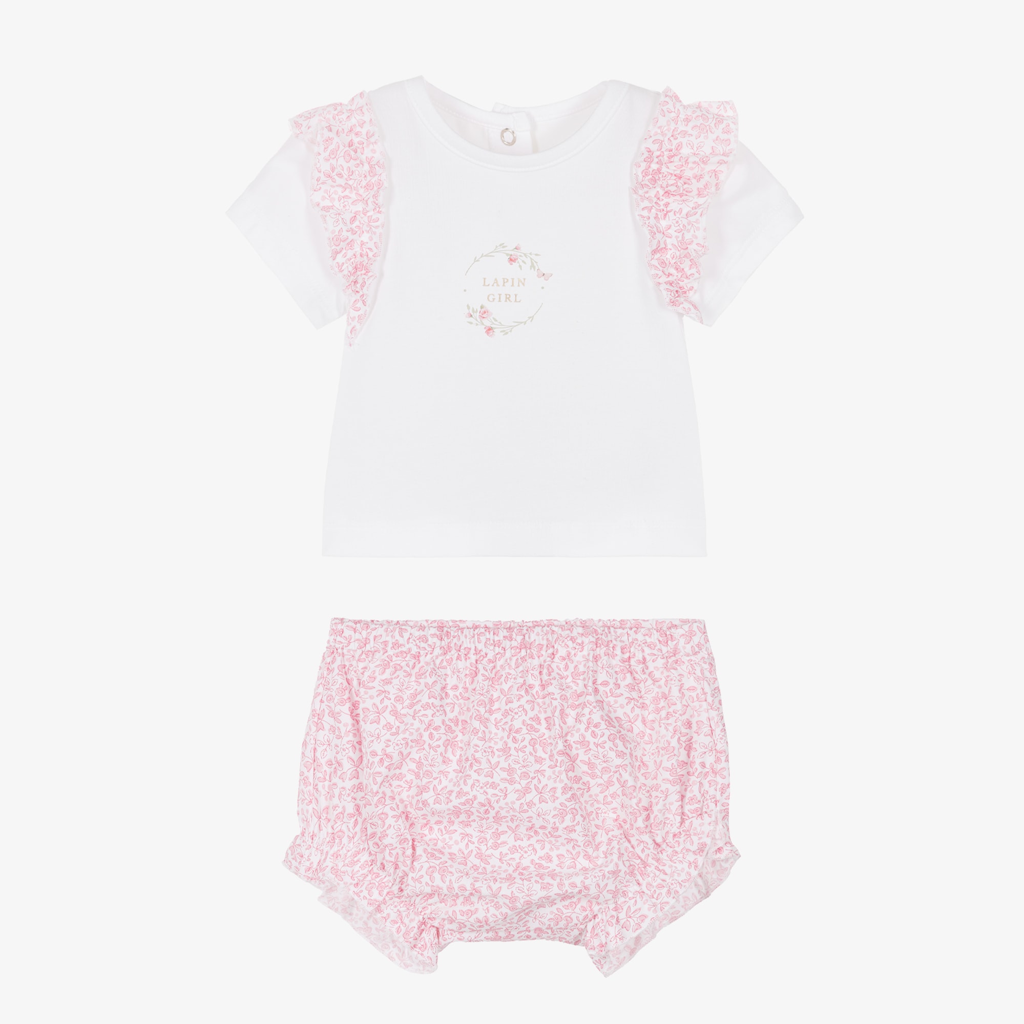 Baby Girls White & Pink Floral Cotton Shorts Set - View 2