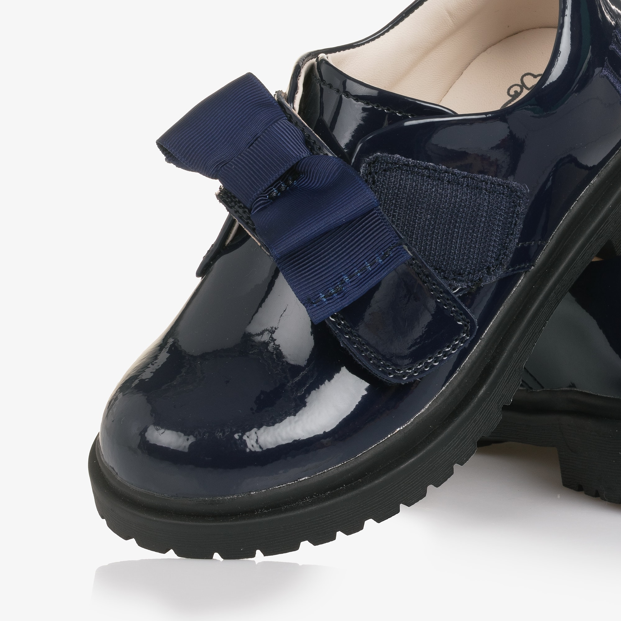 Girls Navy Blue Patent Leather Shoes with Grosgrain Bows - View 5