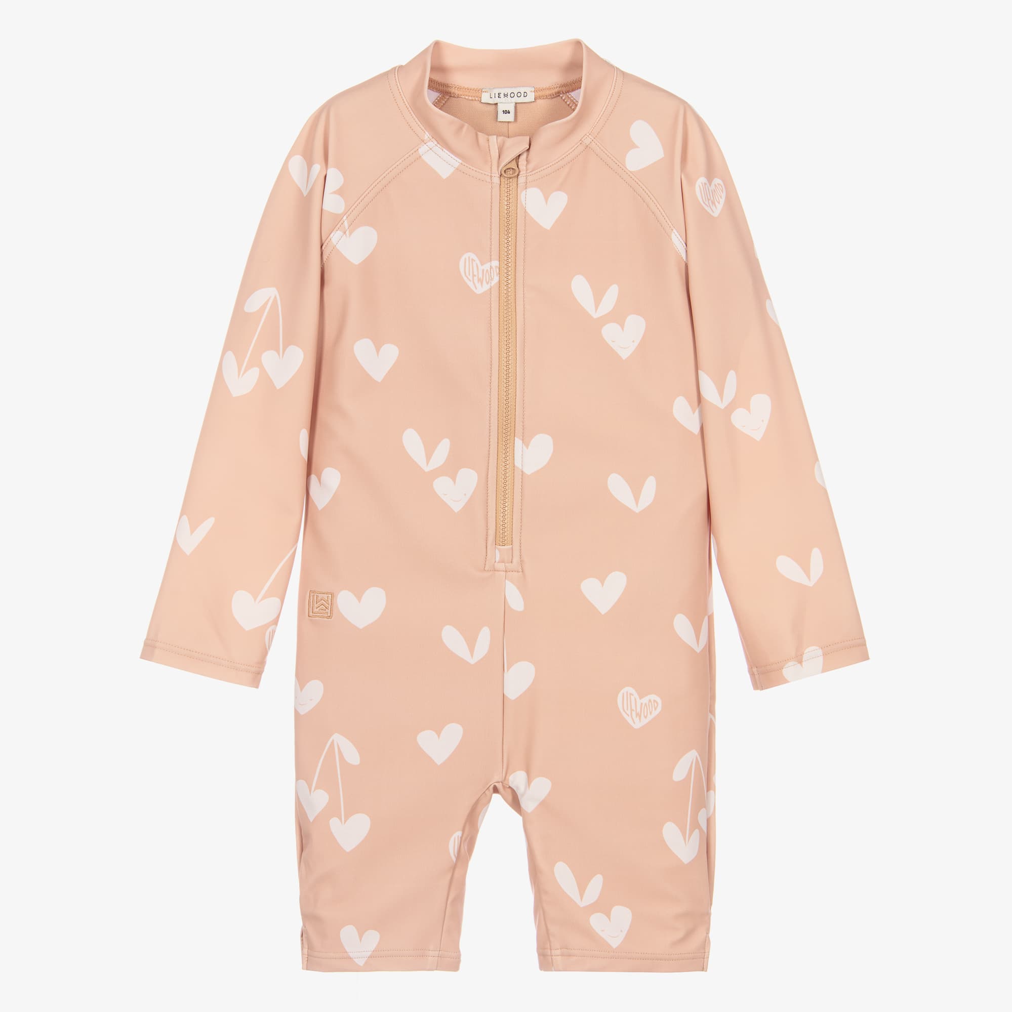 Girls Dusky Pink Heart Print Sun Suit (UPF40+)