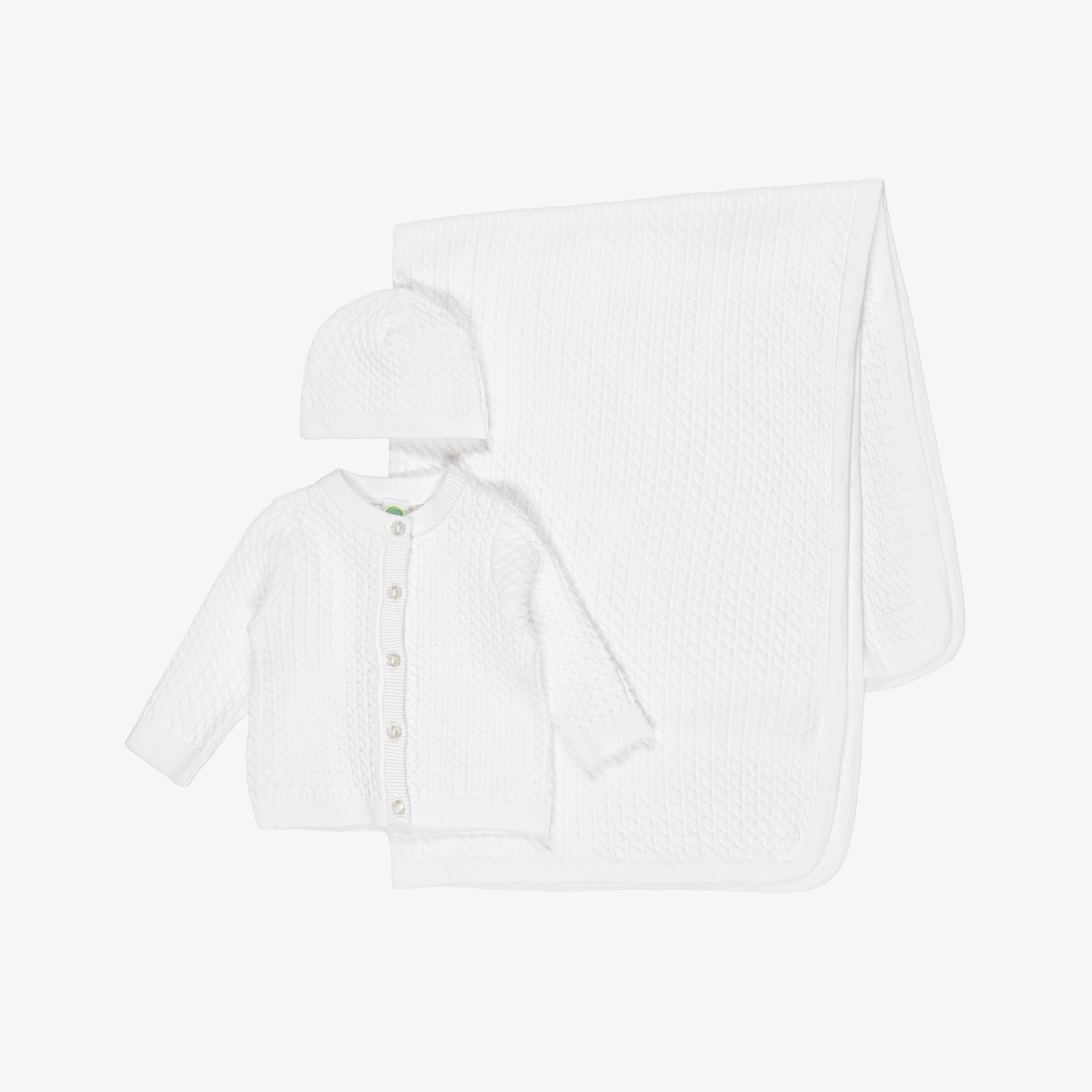 White Cotton Cable Knit Baby Cardigan Set - View 1