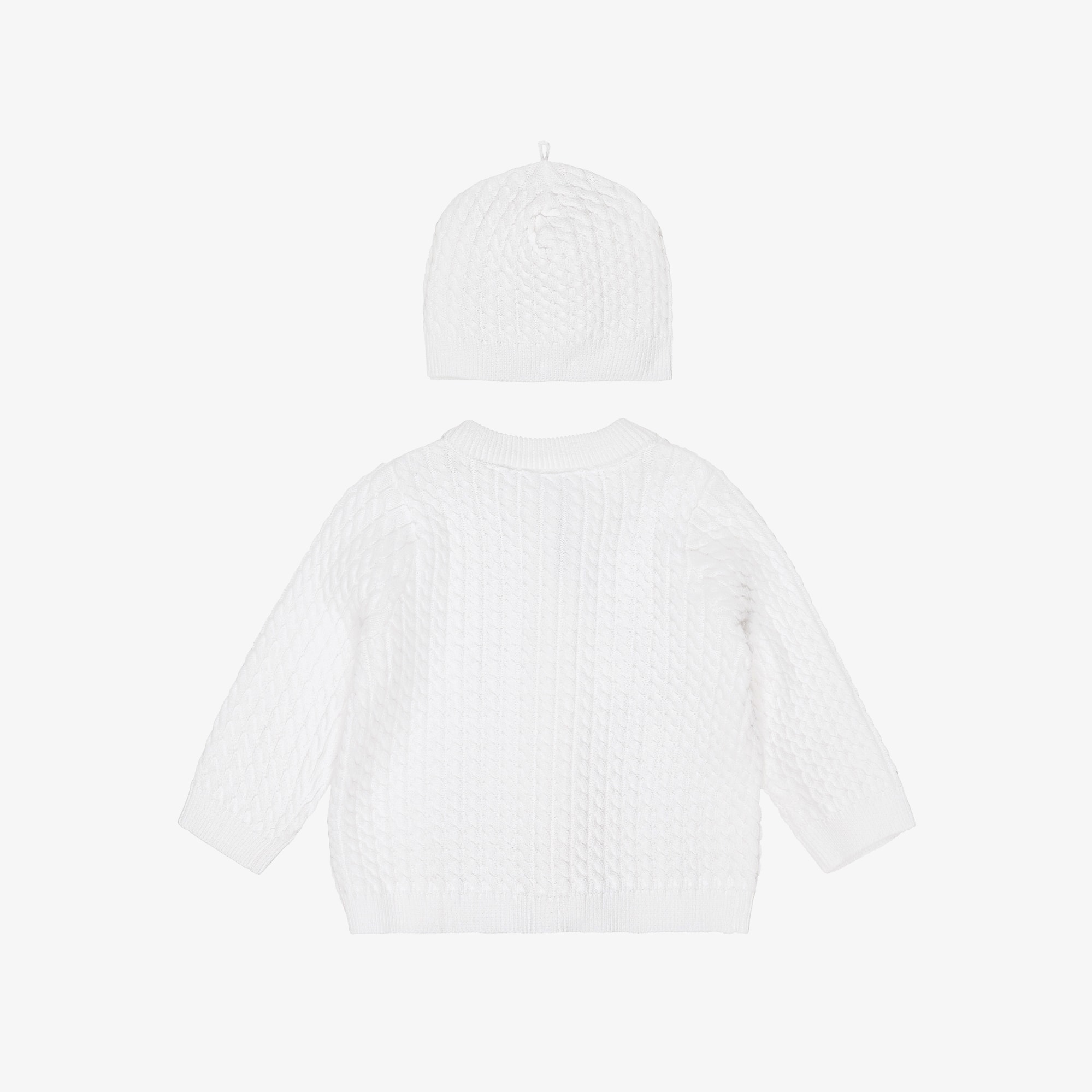 White Cotton Cable Knit Baby Cardigan Set - View 2