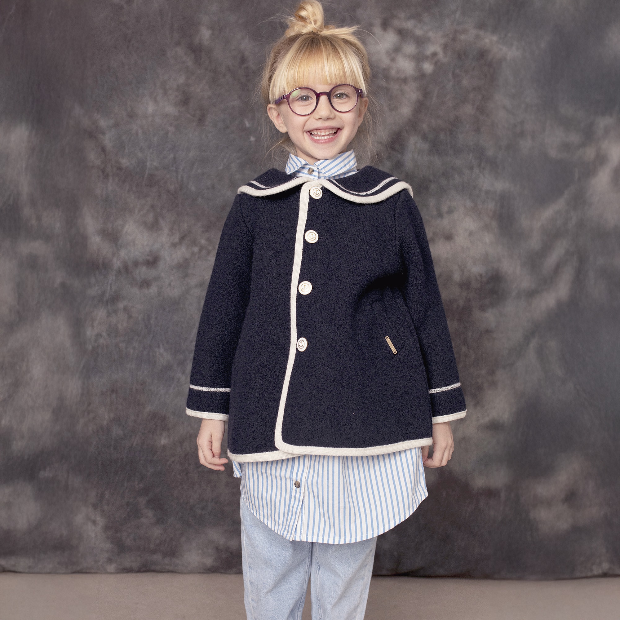 Girls Navy Blue Merino Wool Coat with Ivory Trim - View 2