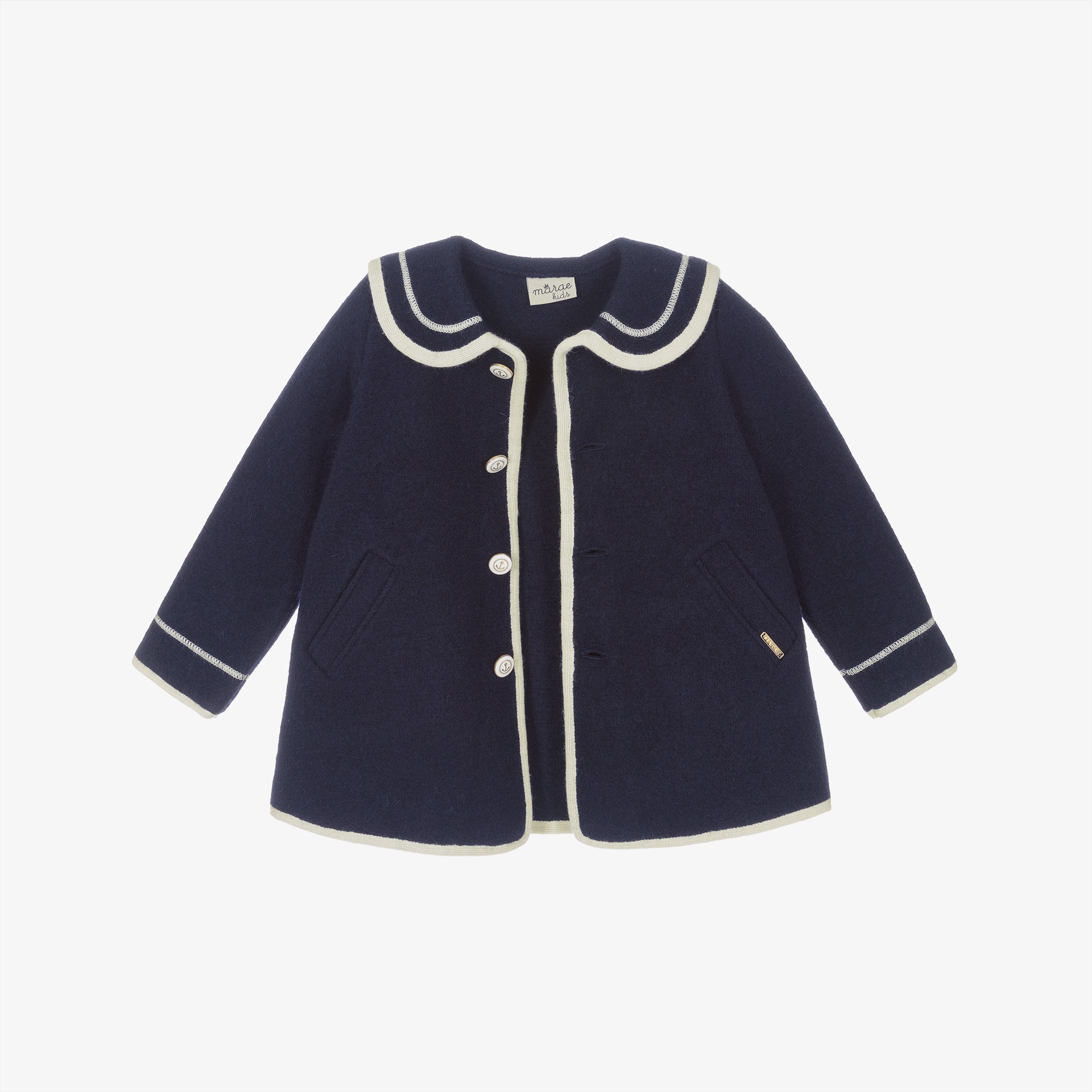 Girls Navy Blue Merino Wool Coat with Ivory Trim - View 4