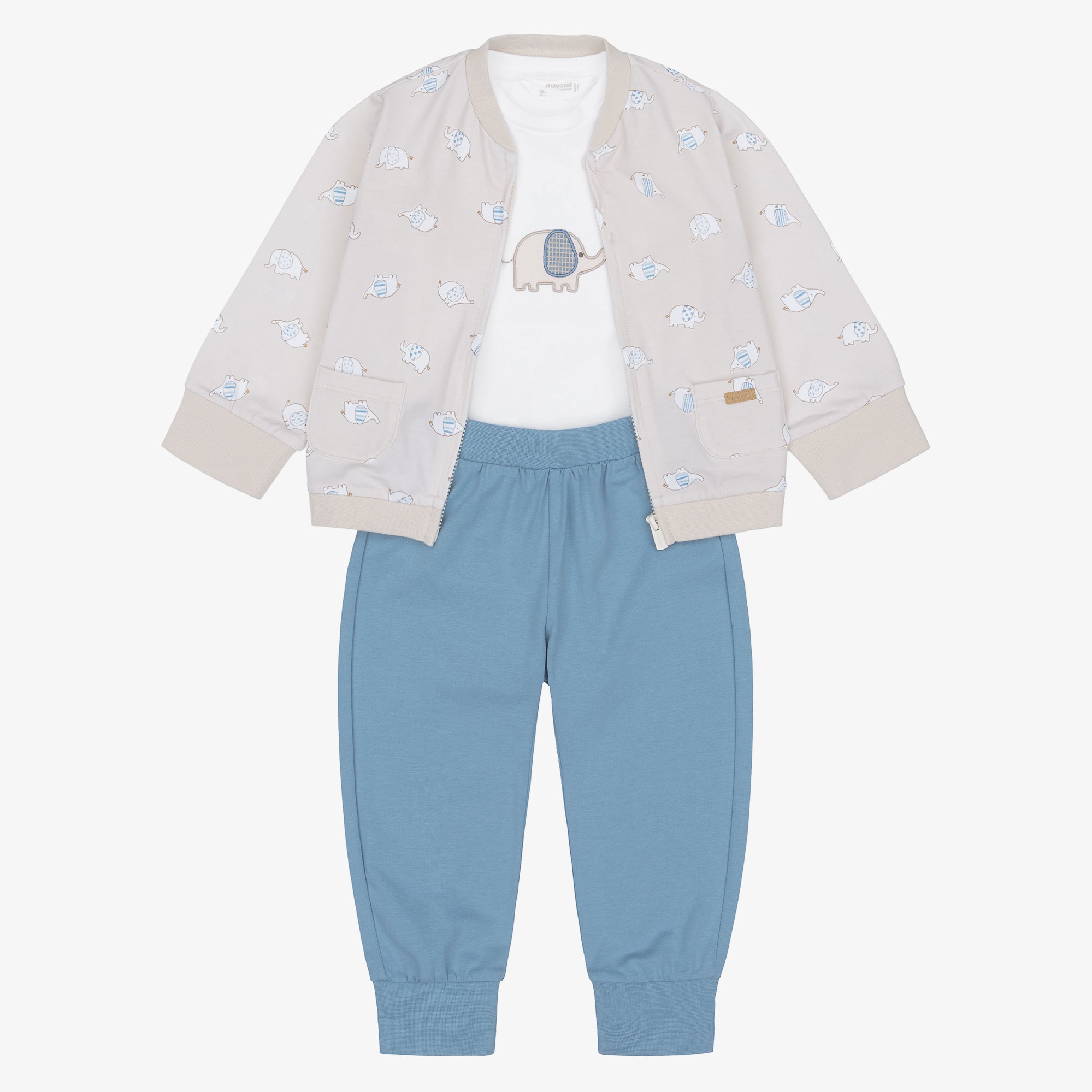 Baby Boys Beige & Blue Elephant Print Tracksuit Set - View 1