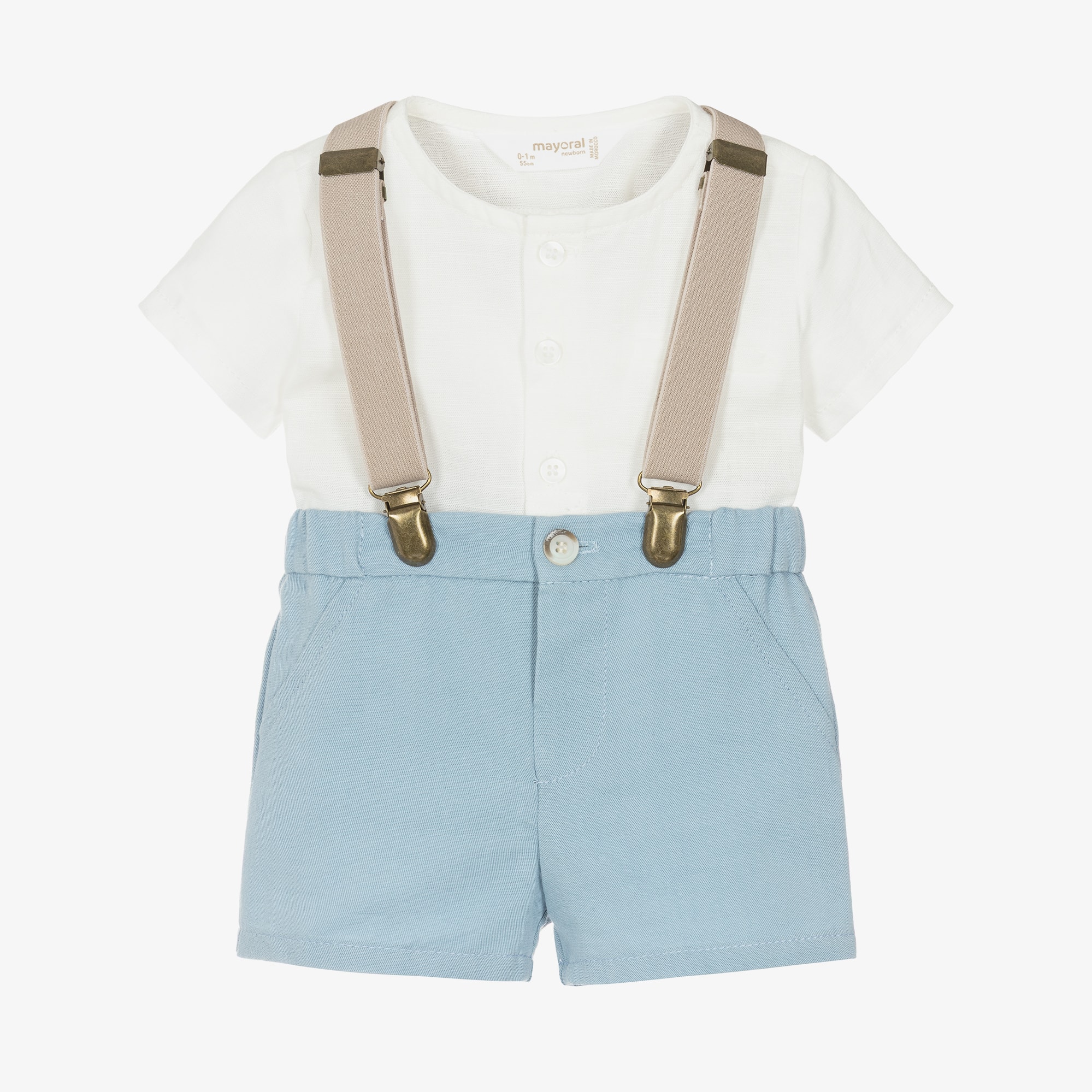 Baby Boys Ivory & Beige Shorts Set with Braces - View 1