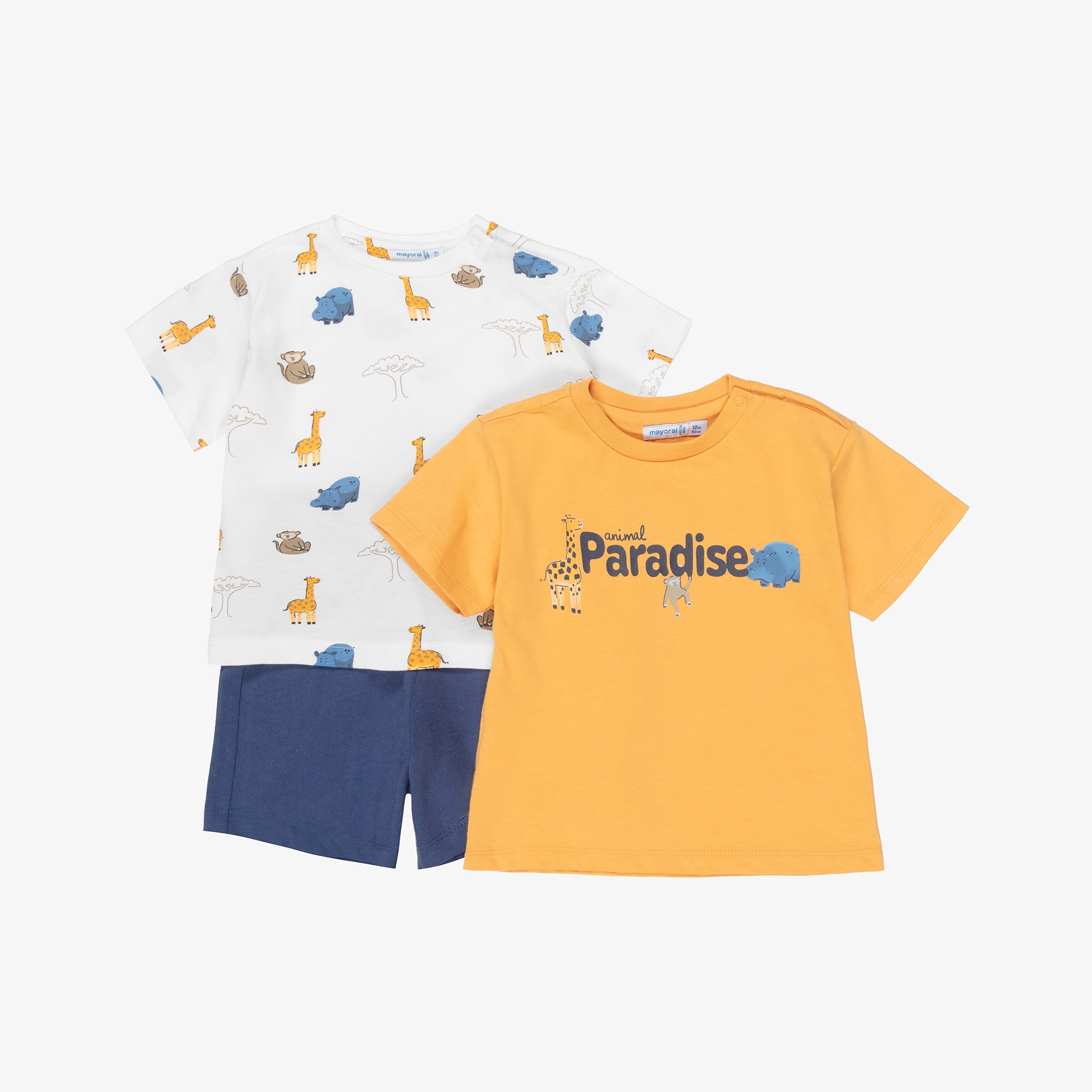 Boys Blue Cotton Jersey Shorts Set with Animals Print - View 1