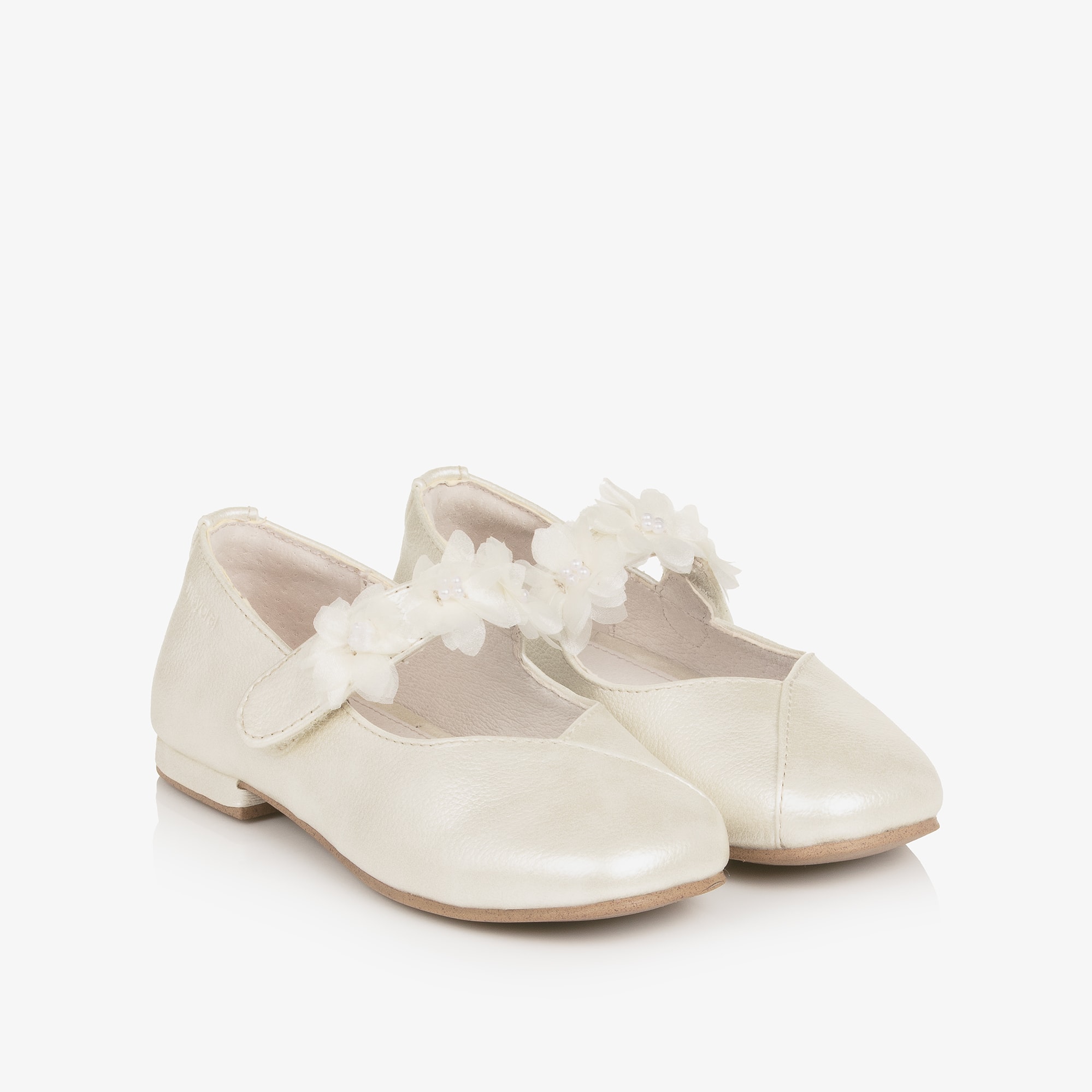 GirIs Ivory Faux Leather Pumps with Floral Velcro Strap - View 1