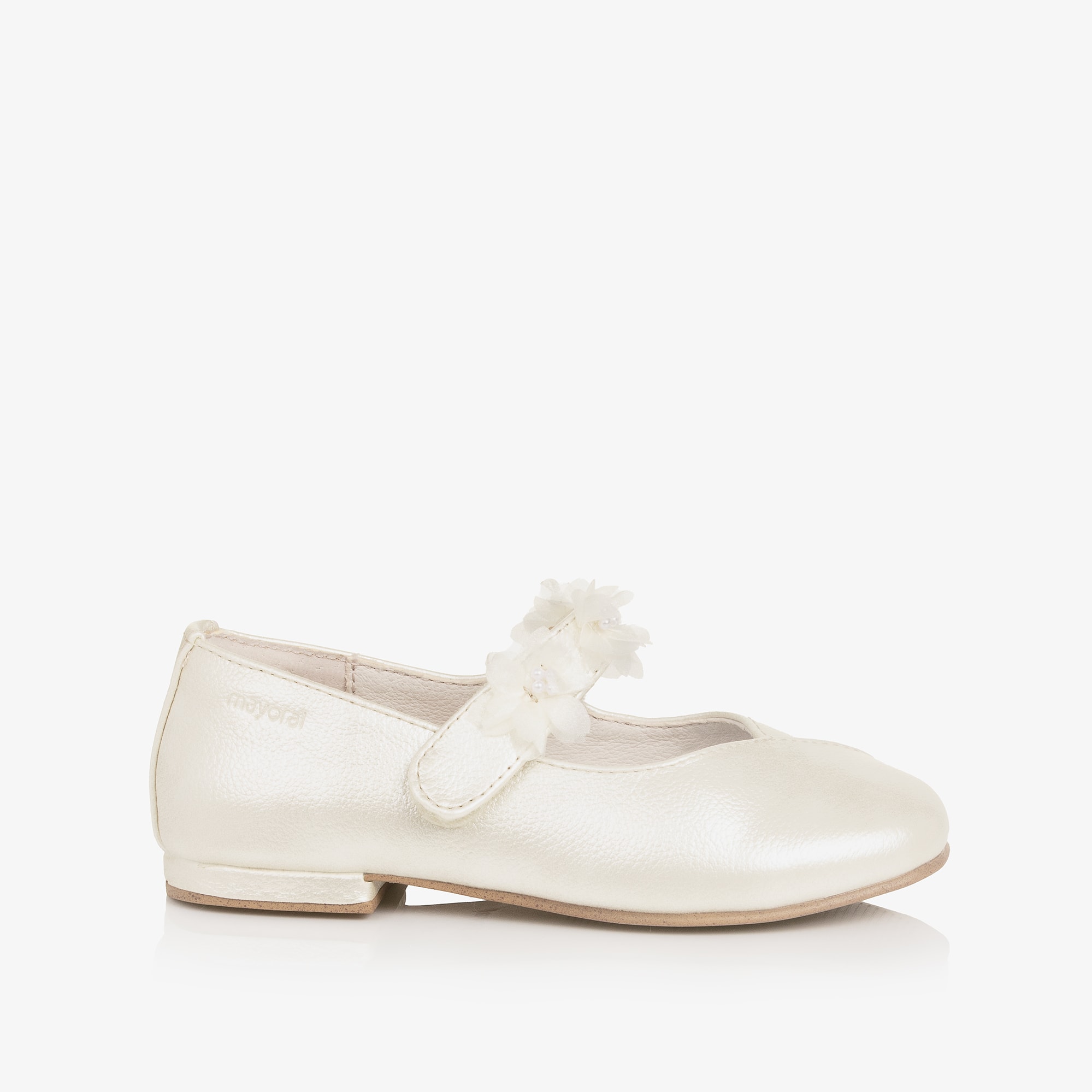 GirIs Ivory Faux Leather Pumps with Floral Velcro Strap - View 4