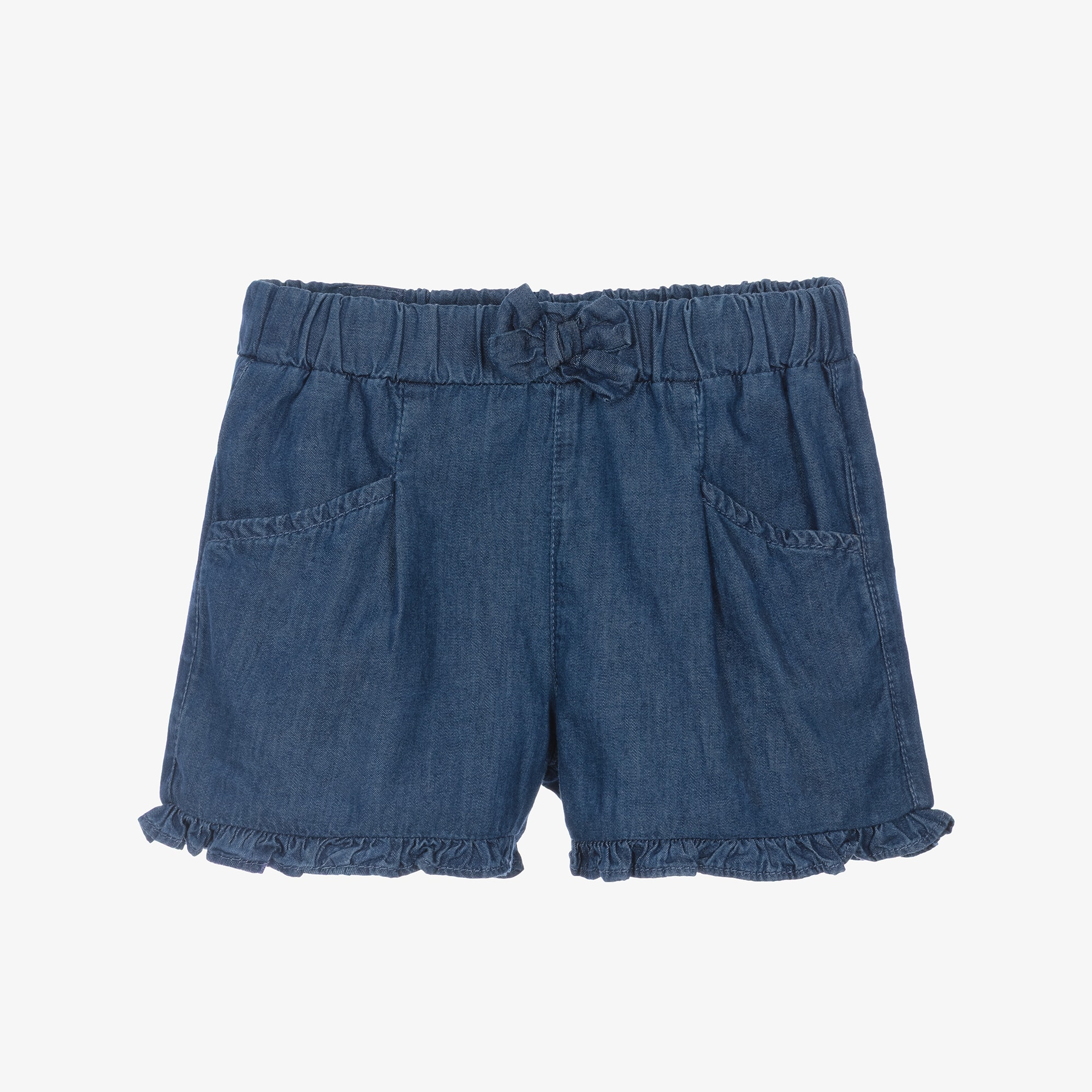 Girls Blue Chambray Shorts with Ruffle Trim - View 1