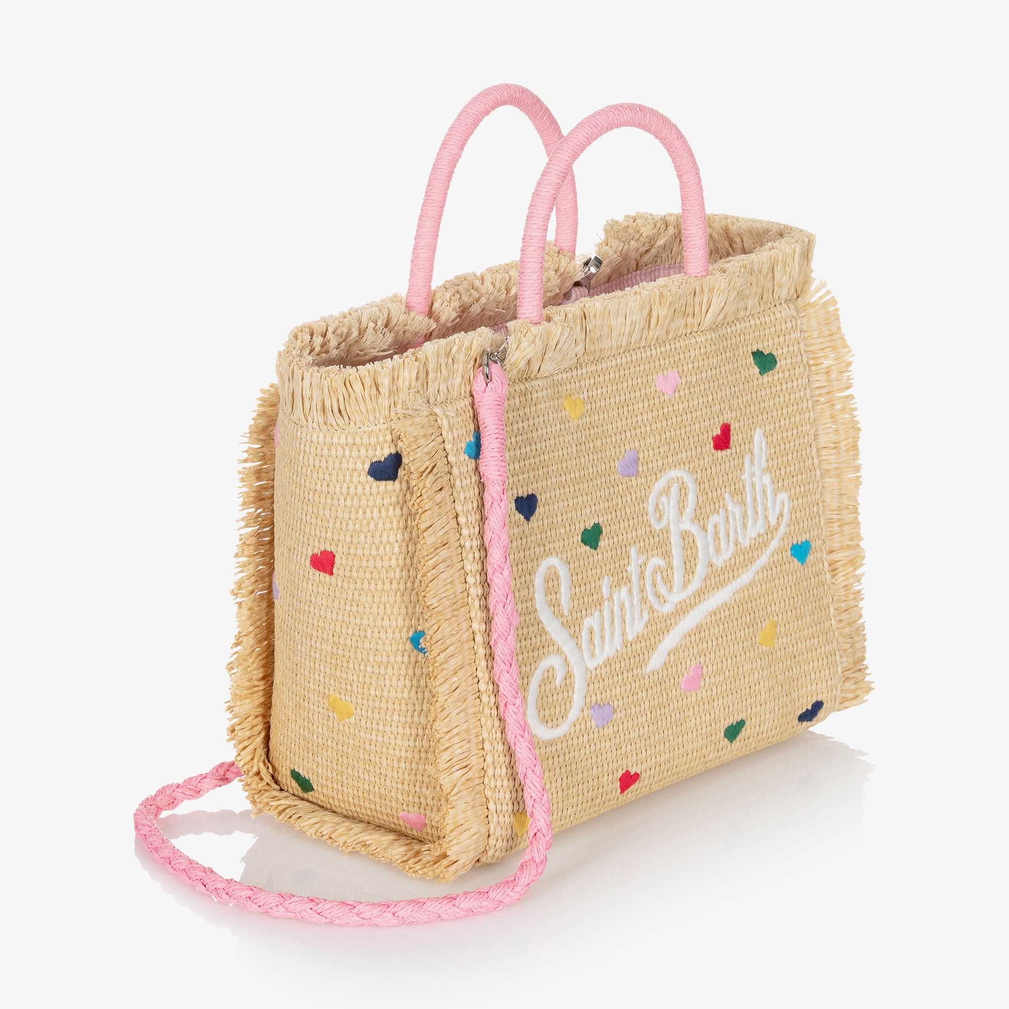 Girls Beige Heart Embroidery Straw Bag (30cm) - View 3