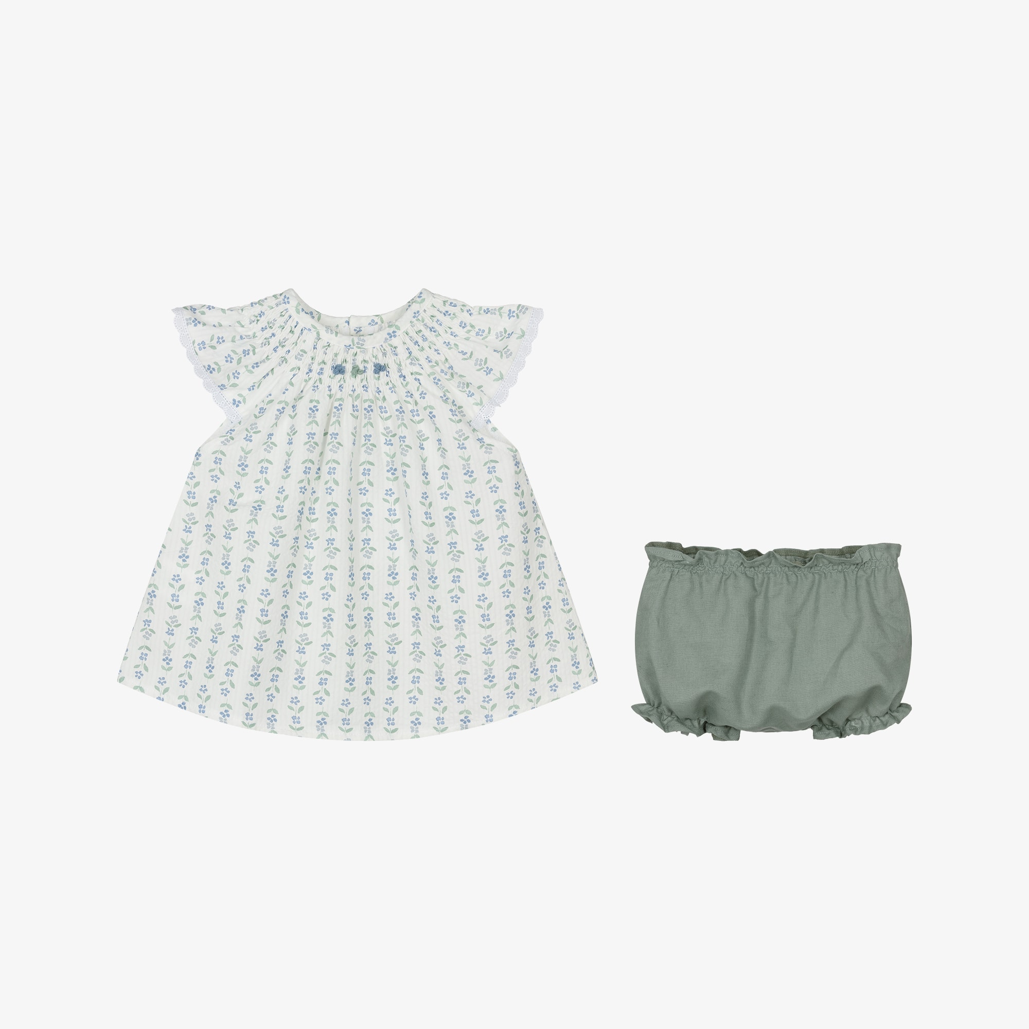 Girls Ivory Cotton Dress Set with Green & Blue Floral Print - View 4
