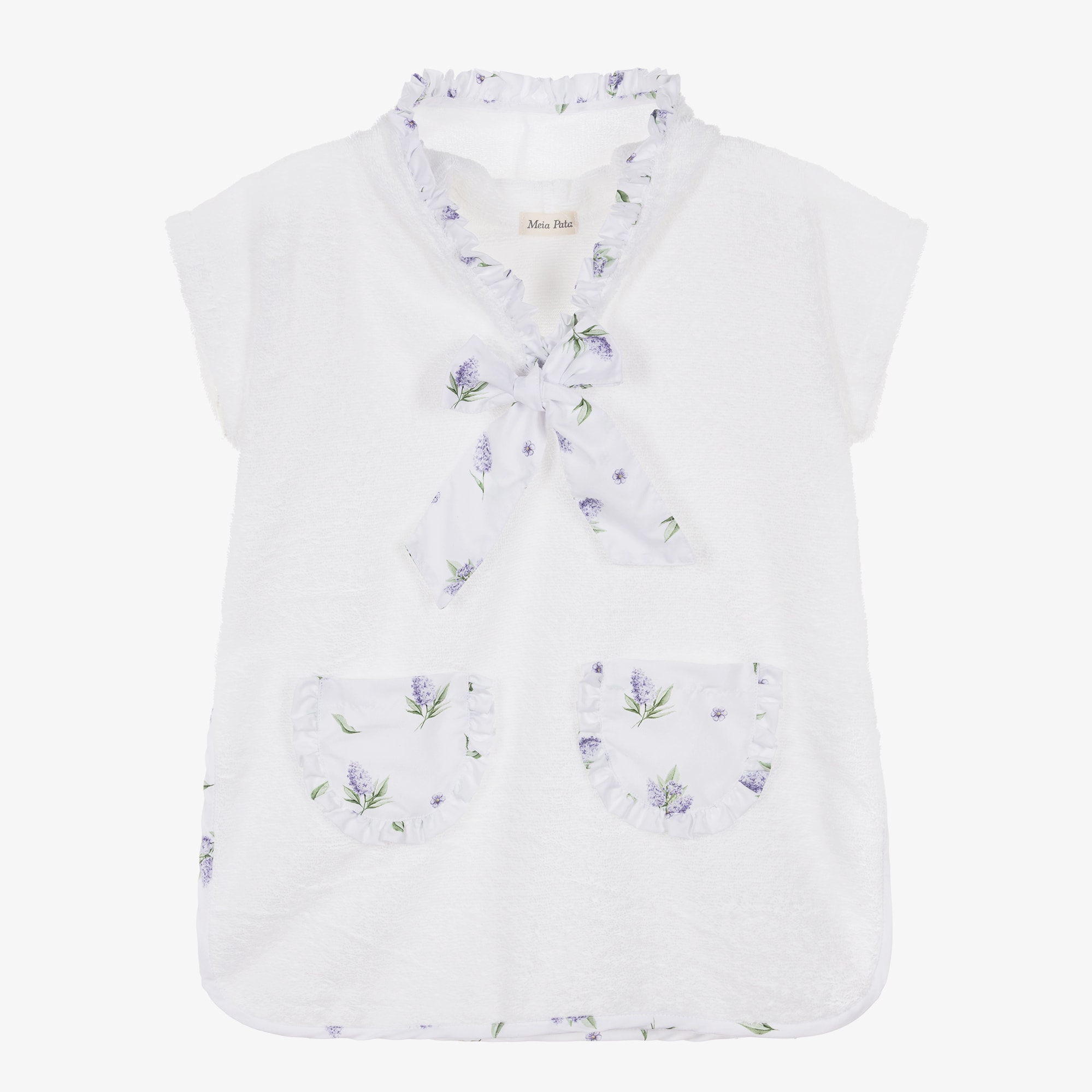 Girls White Cotton Hooded Poncho Towel with Lilac Floral Trims - View 1