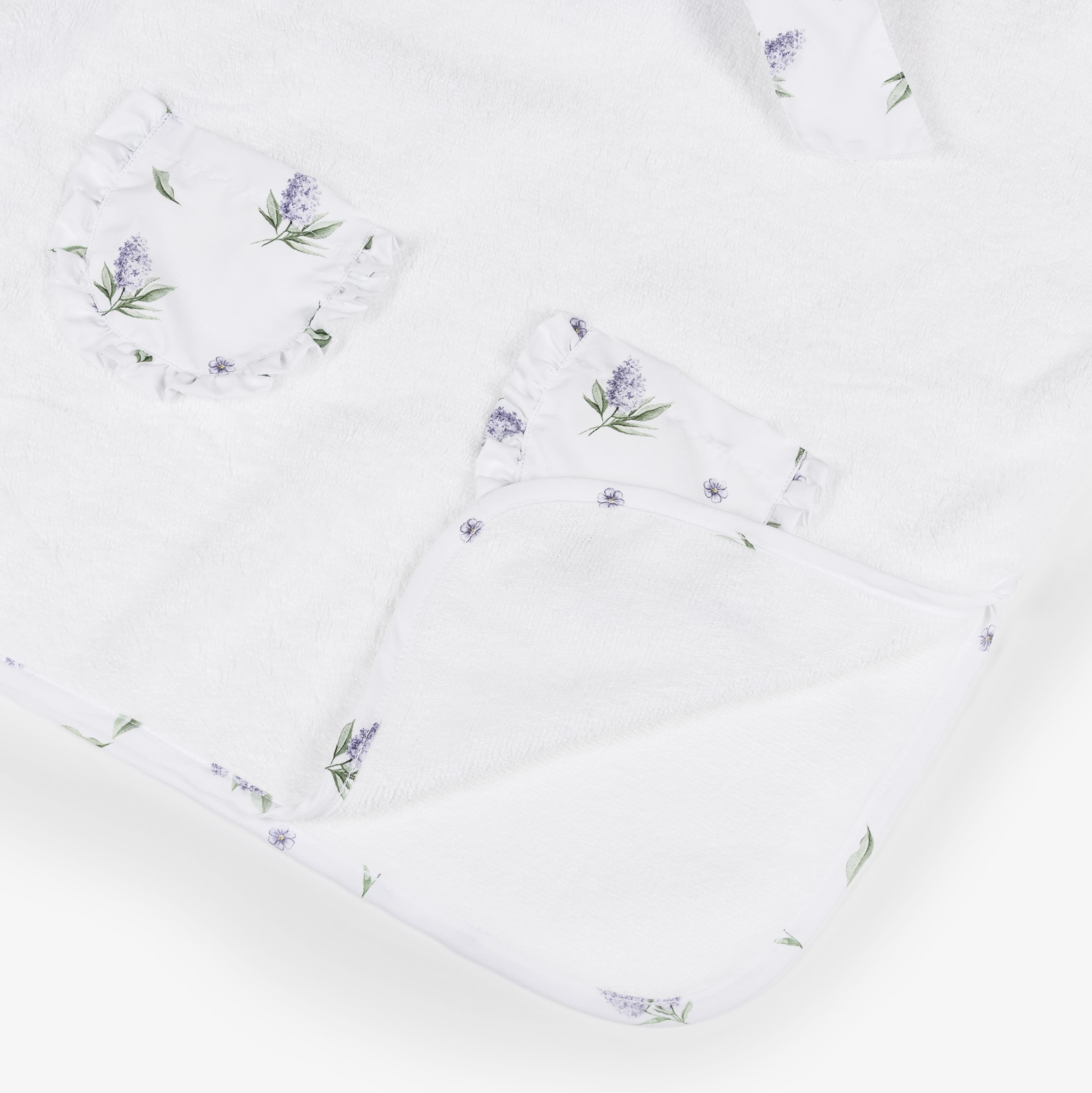 Girls White Cotton Hooded Poncho Towel with Lilac Floral Trims - View 3