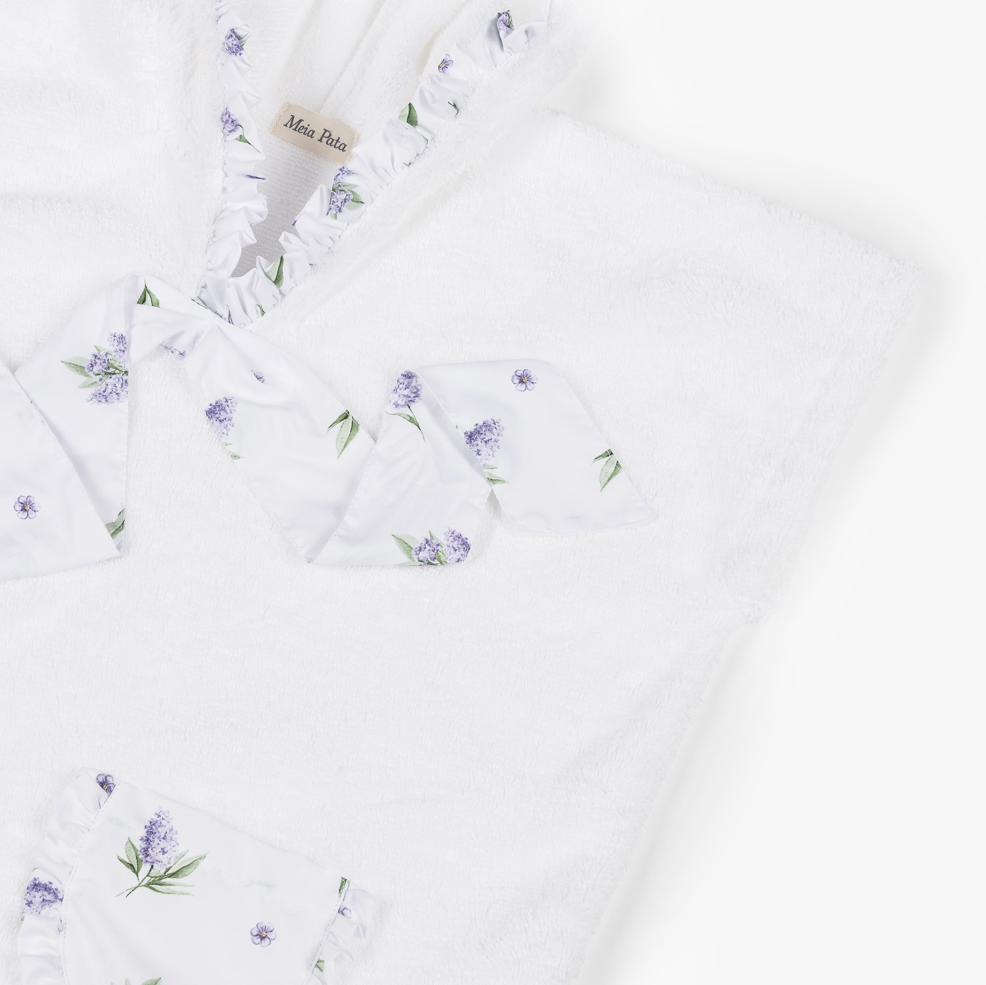 Girls White Cotton Hooded Poncho Towel with Lilac Floral Trims - View 4
