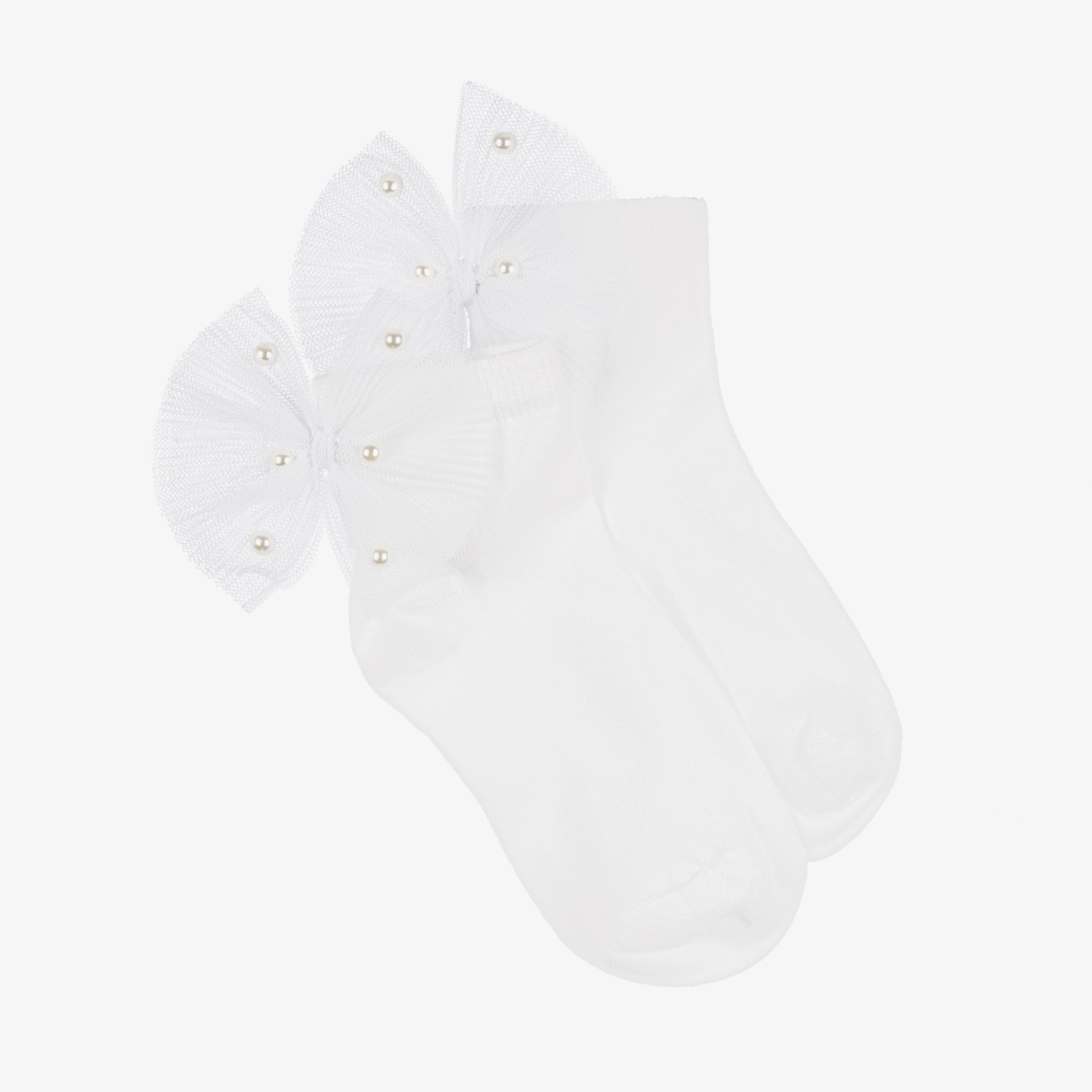 Girls White Tulle Bow Socks - View 1