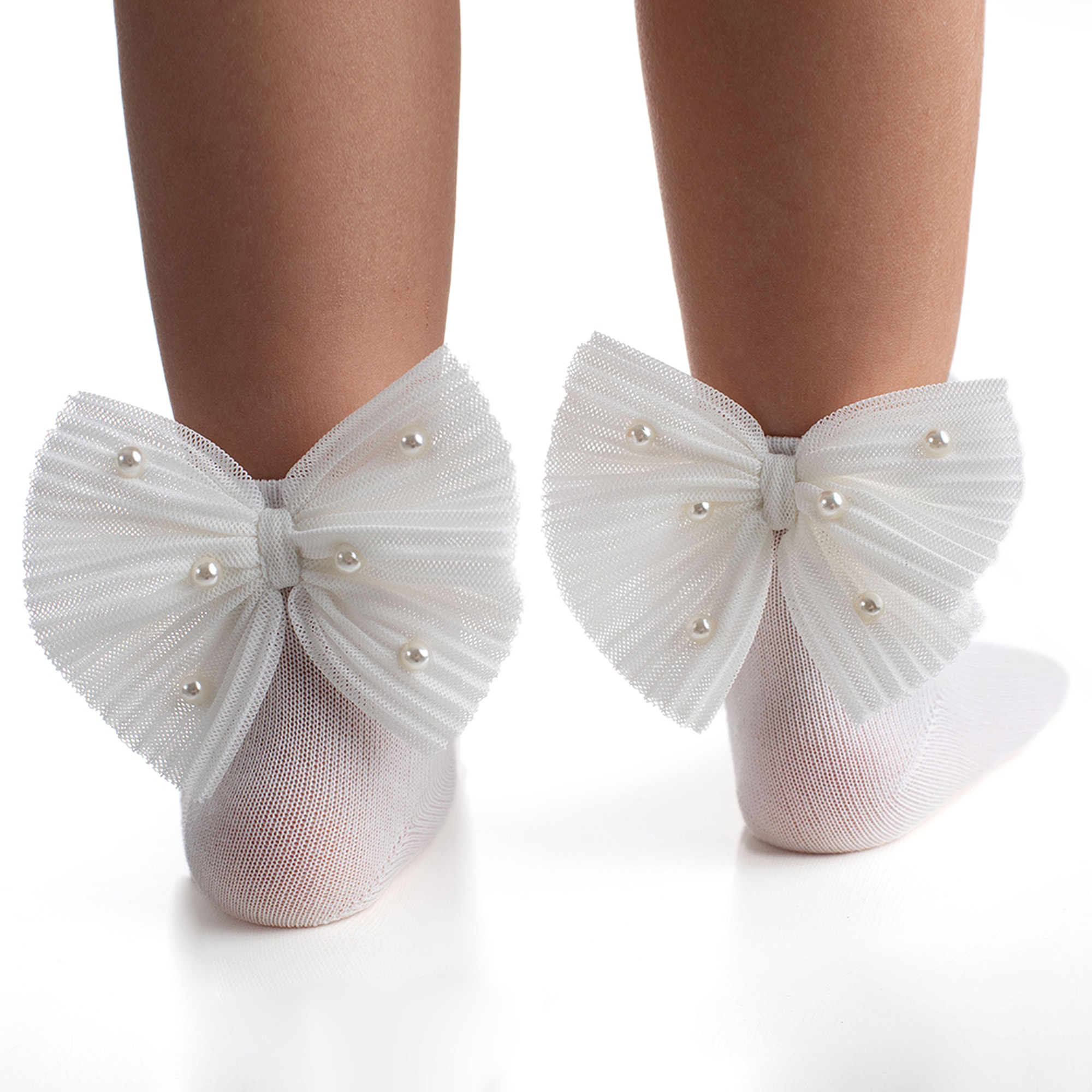 Girls White Tulle Bow Socks - View 2