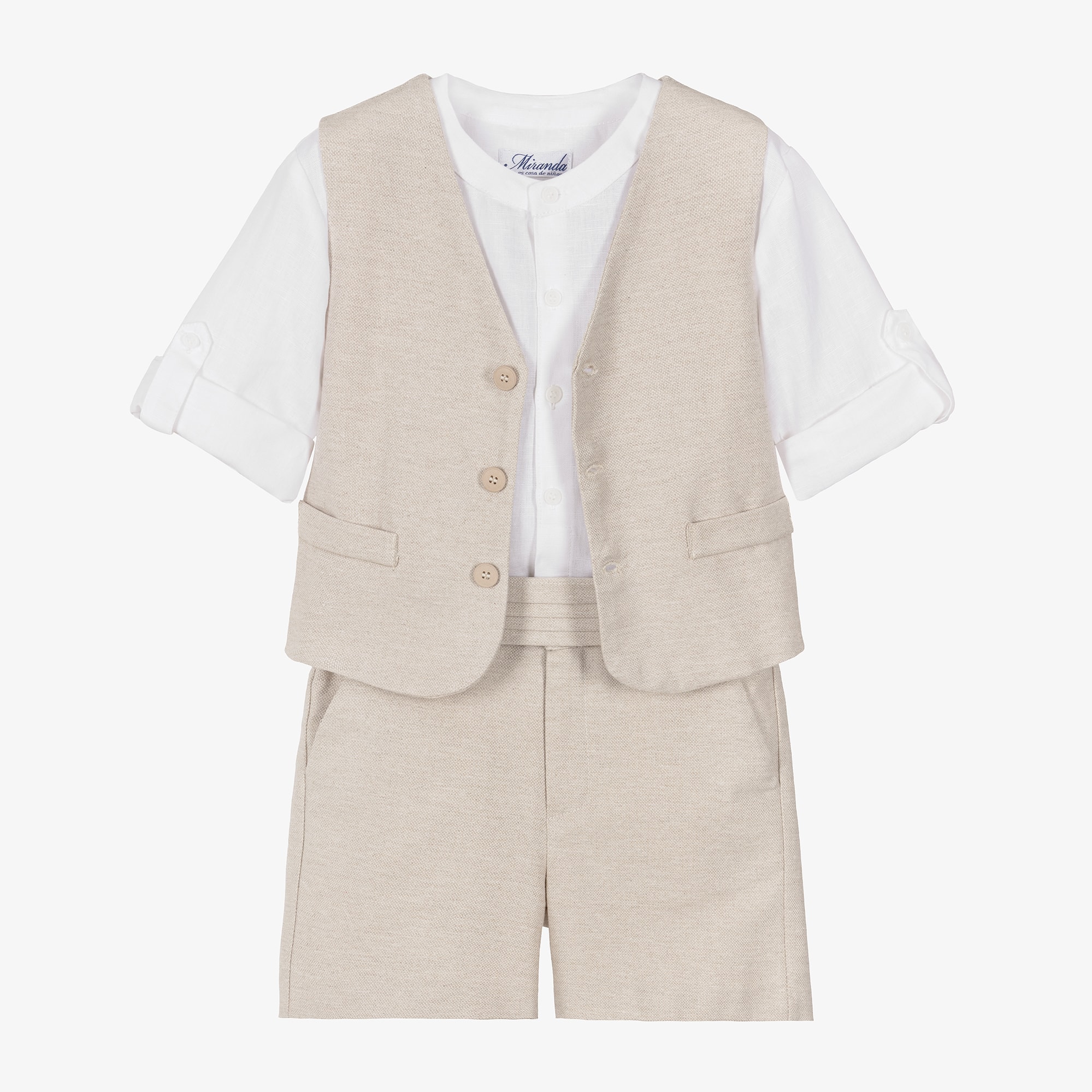 Boys Beige Waistcoat & Shorts Suit - View 1