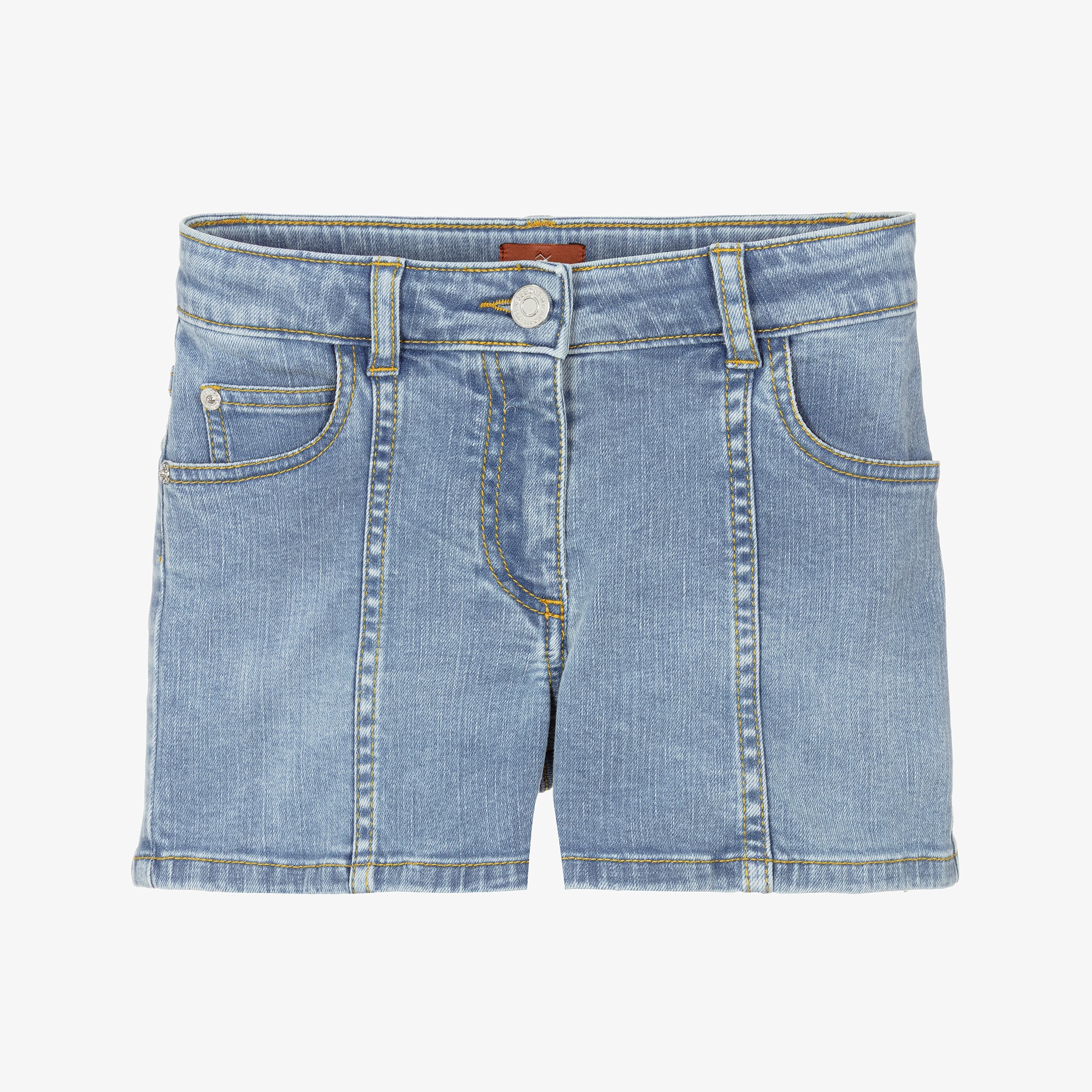 Girls Light Blue Denim Shorts with Zigzag Trimmed Pocket - View 1